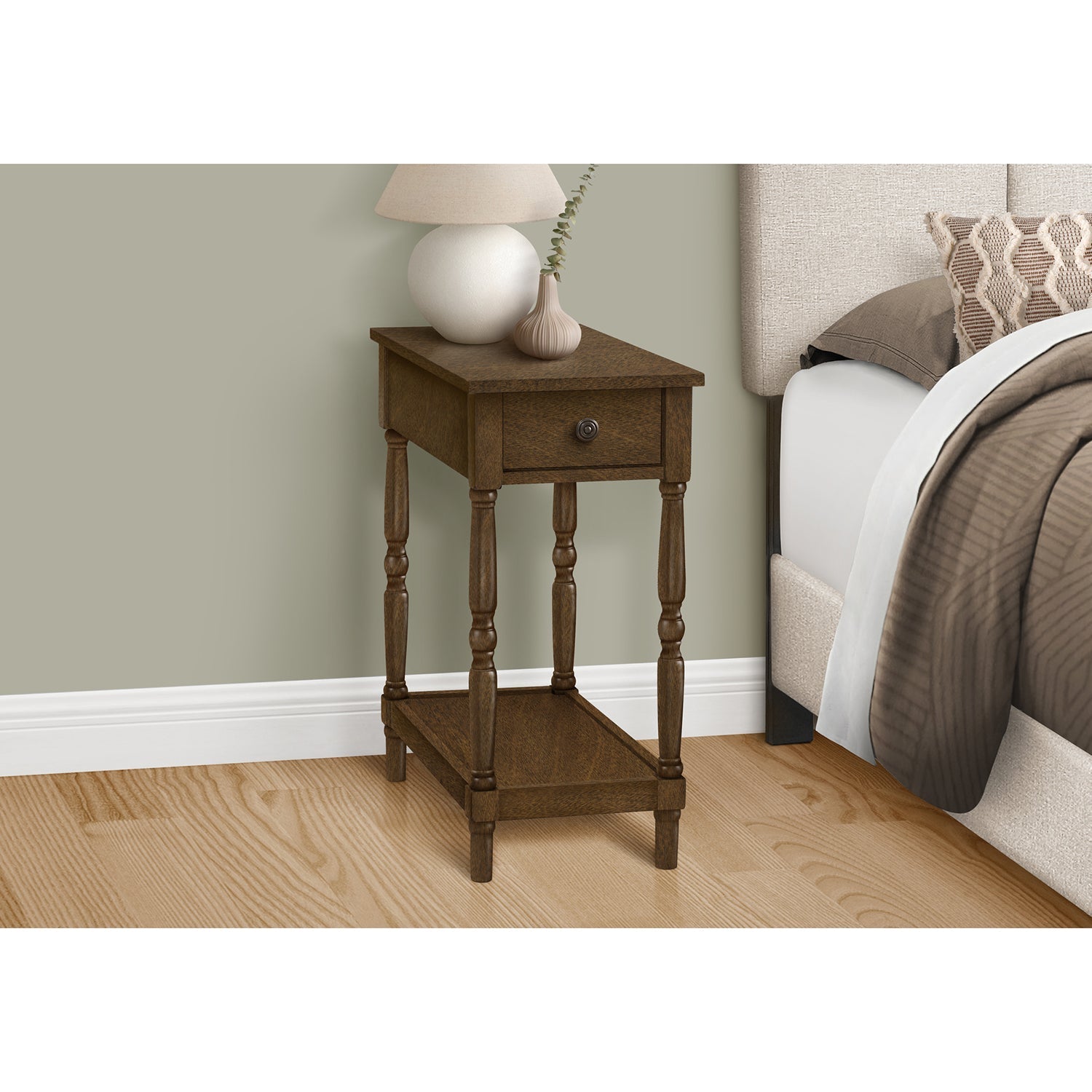 I 3957 - Table D'appoint, 2 Niveaux, Bout, Table D'appoint, Table De Nuit, Chambre À Coucher, Étroit, Lampe, Tiroir De Rangement, Placage Brun, Traditionnel - Simple Boutique