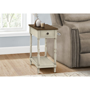 I 3958 - Table D'appoint, 2 Niveaux, Bout, Table D'appoint, Table De Nuit, Chambre À Coucher, Étroit, Lampe, Tiroir De Rangement, Placage Brun, Placage Blanc Antique, Traditionnel - Simple Boutique