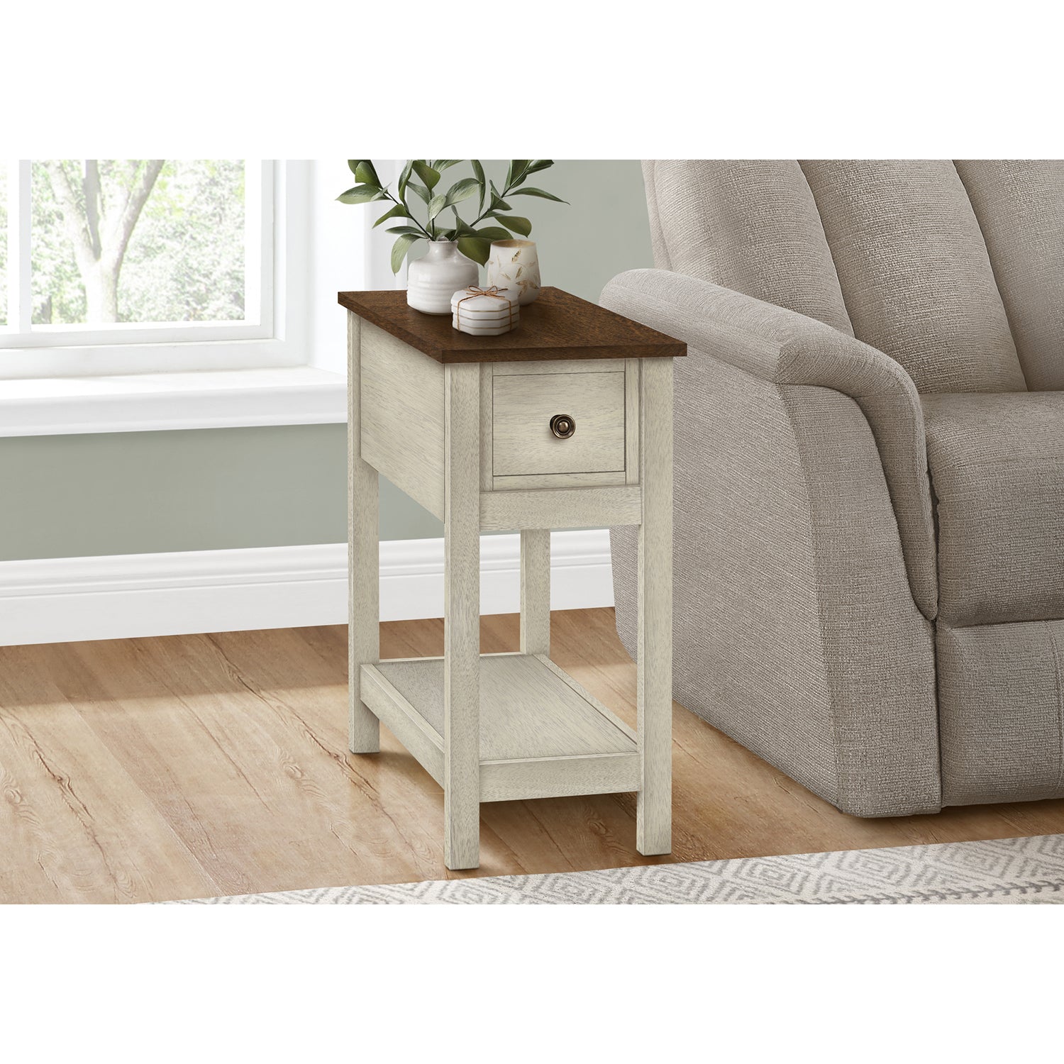 I 3962 - Table D'appoint, Bout, Table D'appoint, 2 Niveaux, Étroit, Chambre À Coucher, Lampe, Tiroir De Rangement, Placage Blanc Antique, Placage Brun, Transitionnel - Simple Boutique