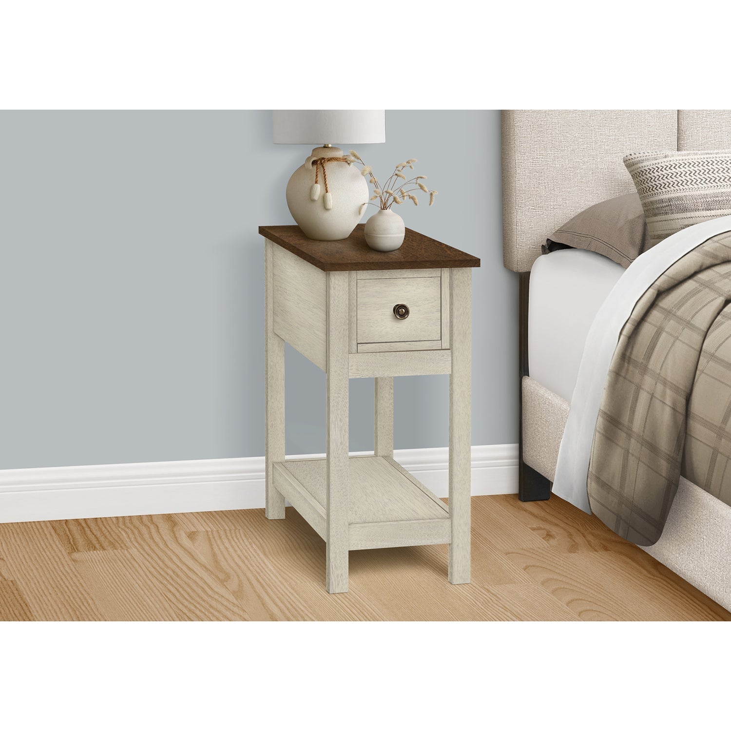 I 3962 - Table D'appoint, Bout, Table D'appoint, 2 Niveaux, Étroit, Chambre À Coucher, Lampe, Tiroir De Rangement, Placage Blanc Antique, Placage Brun, Transitionnel - Simple Boutique
