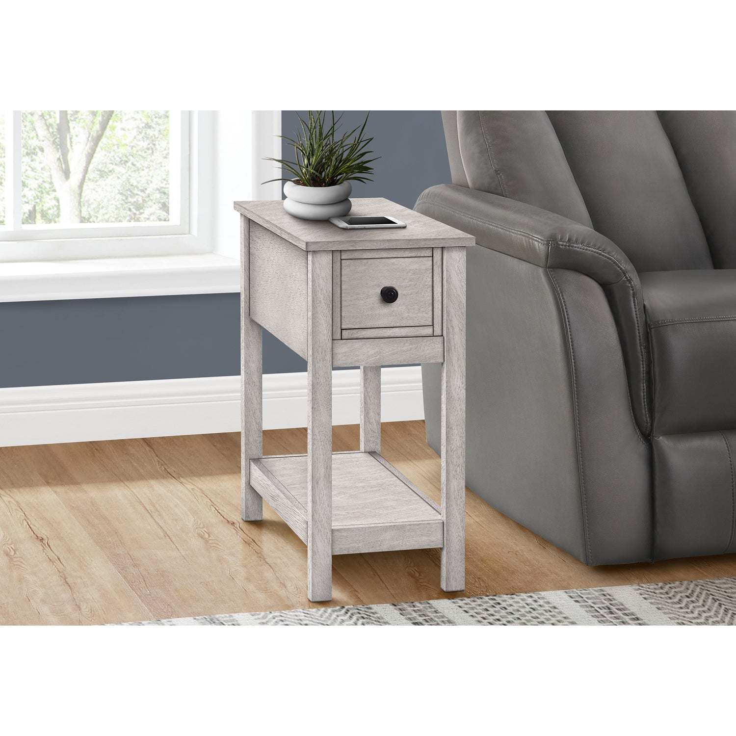 I 3963 - Table D'appoint, Bout, Table D'appoint, 2 Niveaux, Étroit, Chambre À Coucher, Lampe, Tiroir De Rangement, Placage Gris, Transitionnel - Simple Boutique