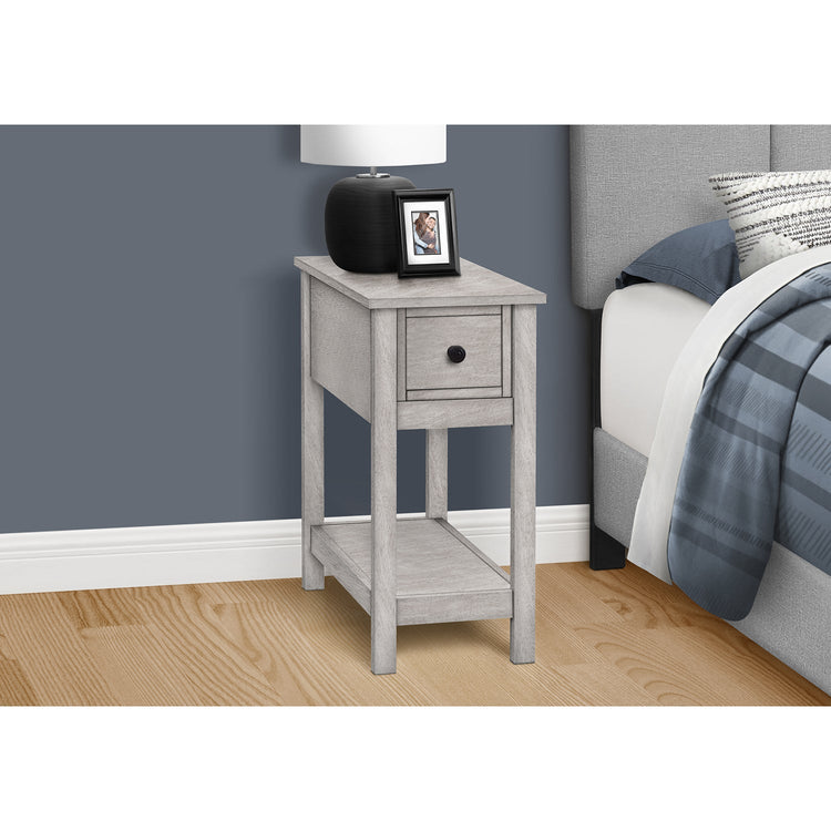 I 3963 - Table D'appoint, Bout, Table D'appoint, 2 Niveaux, Étroit, Chambre À Coucher, Lampe, Tiroir De Rangement, Placage Gris, Transitionnel - Simple Boutique