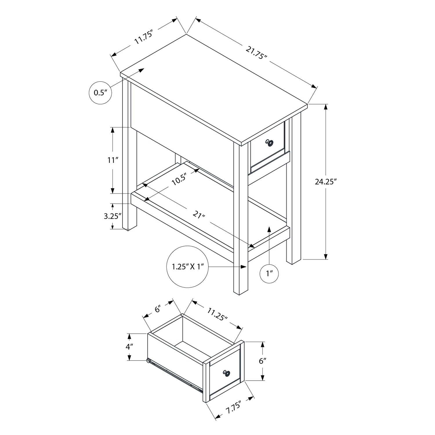 I 3963 - Table D'appoint, Bout, Table D'appoint, 2 Niveaux, Étroit, Chambre À Coucher, Lampe, Tiroir De Rangement, Placage Gris, Transitionnel - Simple Boutique