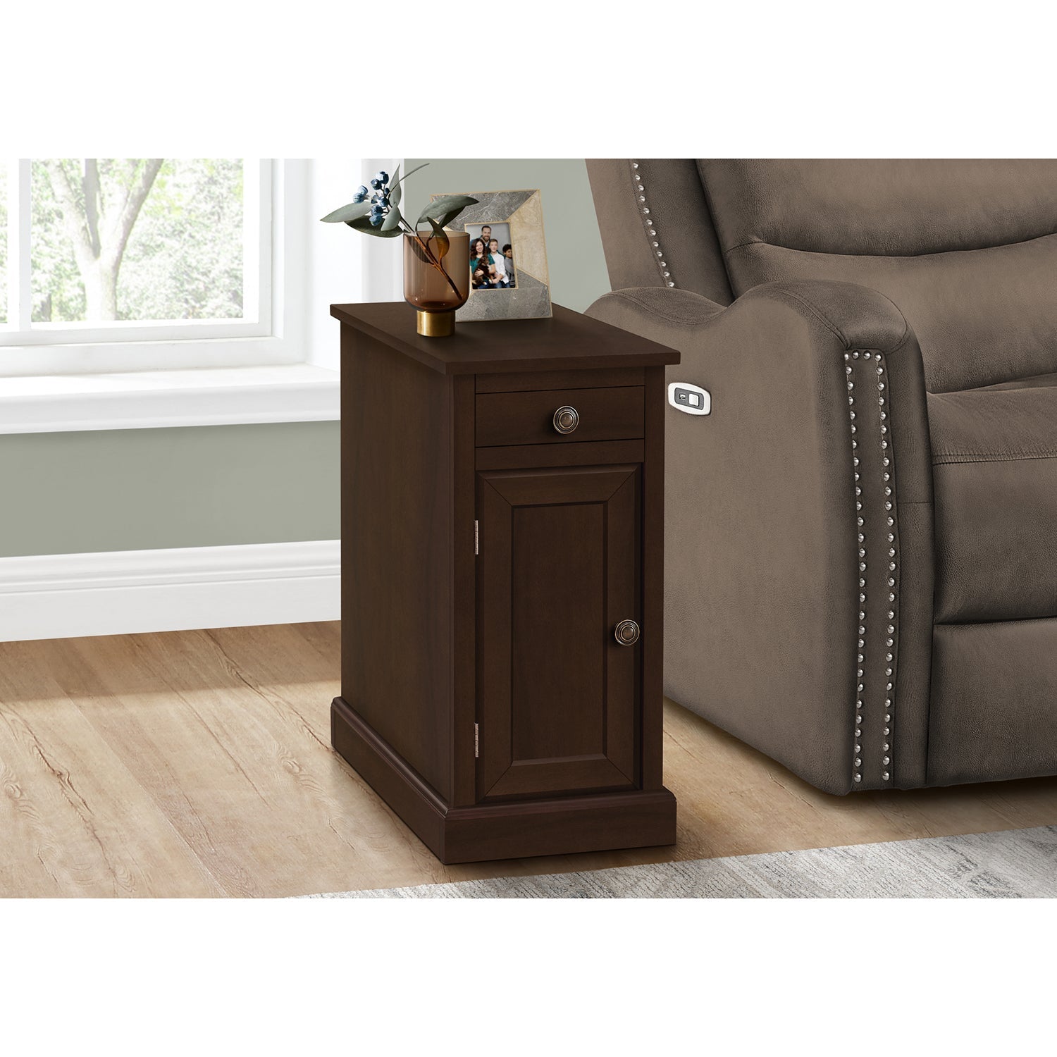 I 3964 - Table D'appoint, Bout, Table D'appoint, Table De Nuit, Étroit, Chambre À Coucher, Lampe, Tiroir De Rangement, Placage Brun, Traditionnel - Simple Boutique