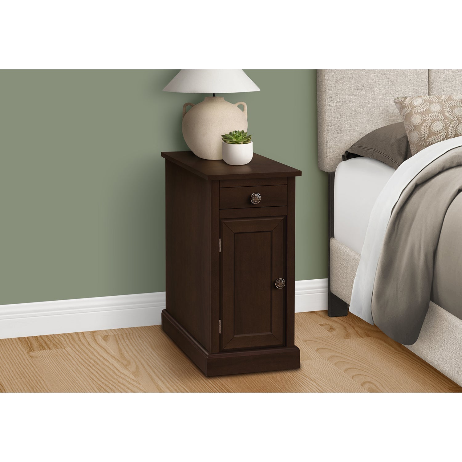 I 3964 - Table D'appoint, Bout, Table D'appoint, Table De Nuit, Étroit, Chambre À Coucher, Lampe, Tiroir De Rangement, Placage Brun, Traditionnel - Simple Boutique
