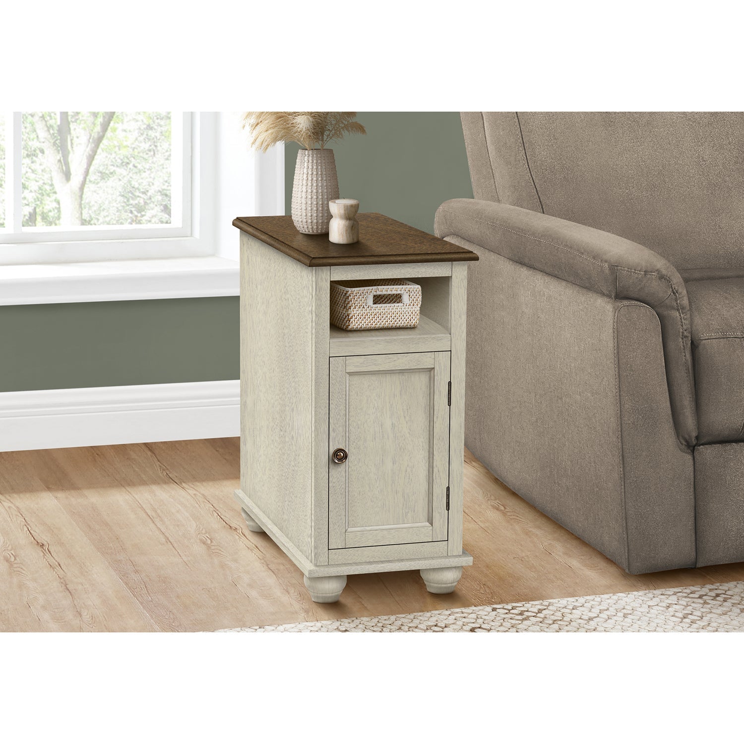 I 3965 - Table D'appoint, Bout, Table D'appoint, Chambre À Coucher, Table De Nuit, Étroit, Lampe, Rangement, Placage Blanc Antique, Placage Brun, Traditionnel - Simple Boutique