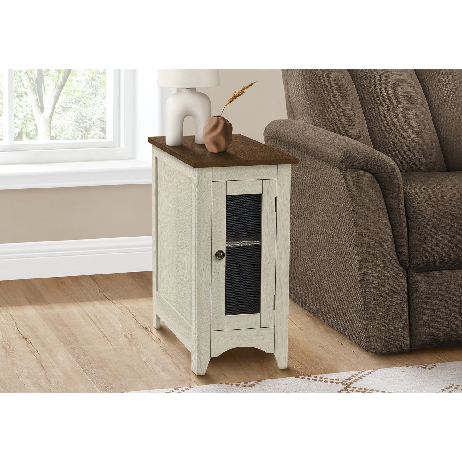 I 3966 - Table D'appoint, Bout, Table D'appoint, Étroit, Table De Nuit, Chambre À Coucher, Lampe, Rangement, Placage Blanc Antique, Placage Brun, Transitionnel - Simple Boutique