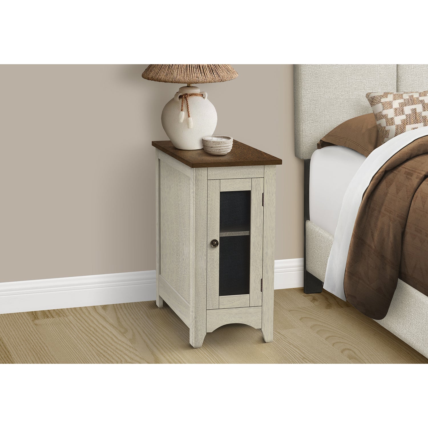 I 3966 - Table D'appoint, Bout, Table D'appoint, Étroit, Table De Nuit, Chambre À Coucher, Lampe, Rangement, Placage Blanc Antique, Placage Brun, Transitionnel - Simple Boutique