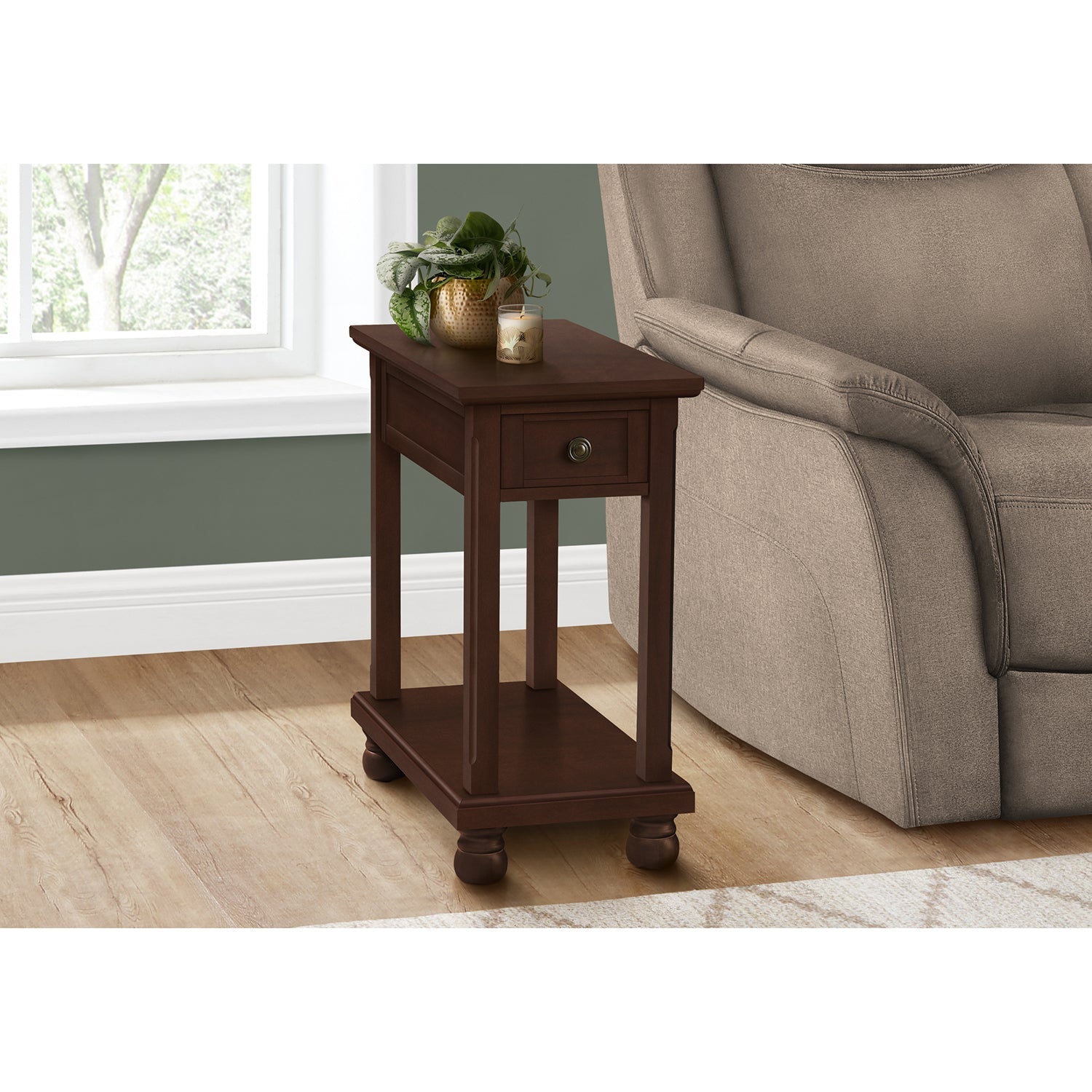 I 3967 - Table D'appoint, Bout, Table D'appoint, Étroit, Table De Nuit, Chambre À Coucher, Lampe, Tiroir De Rangement, Placage Brun, Traditionnel - Simple Boutique