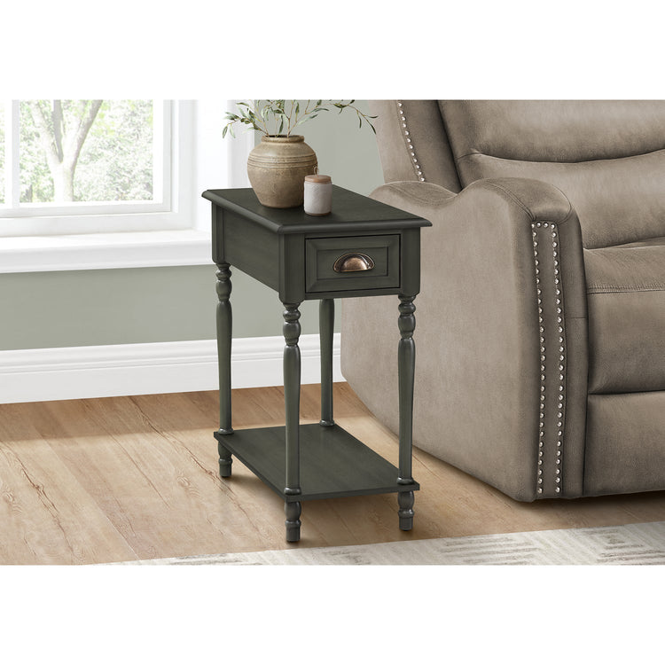 I 3968 - Table D'appoint, 2 Niveaux, Table D'appoint, Bout, Étroit, Table De Nuit, Chambre À Coucher, Lampe, Tiroir De Rangement, Placage Vert, Traditionnel - Simple Boutique