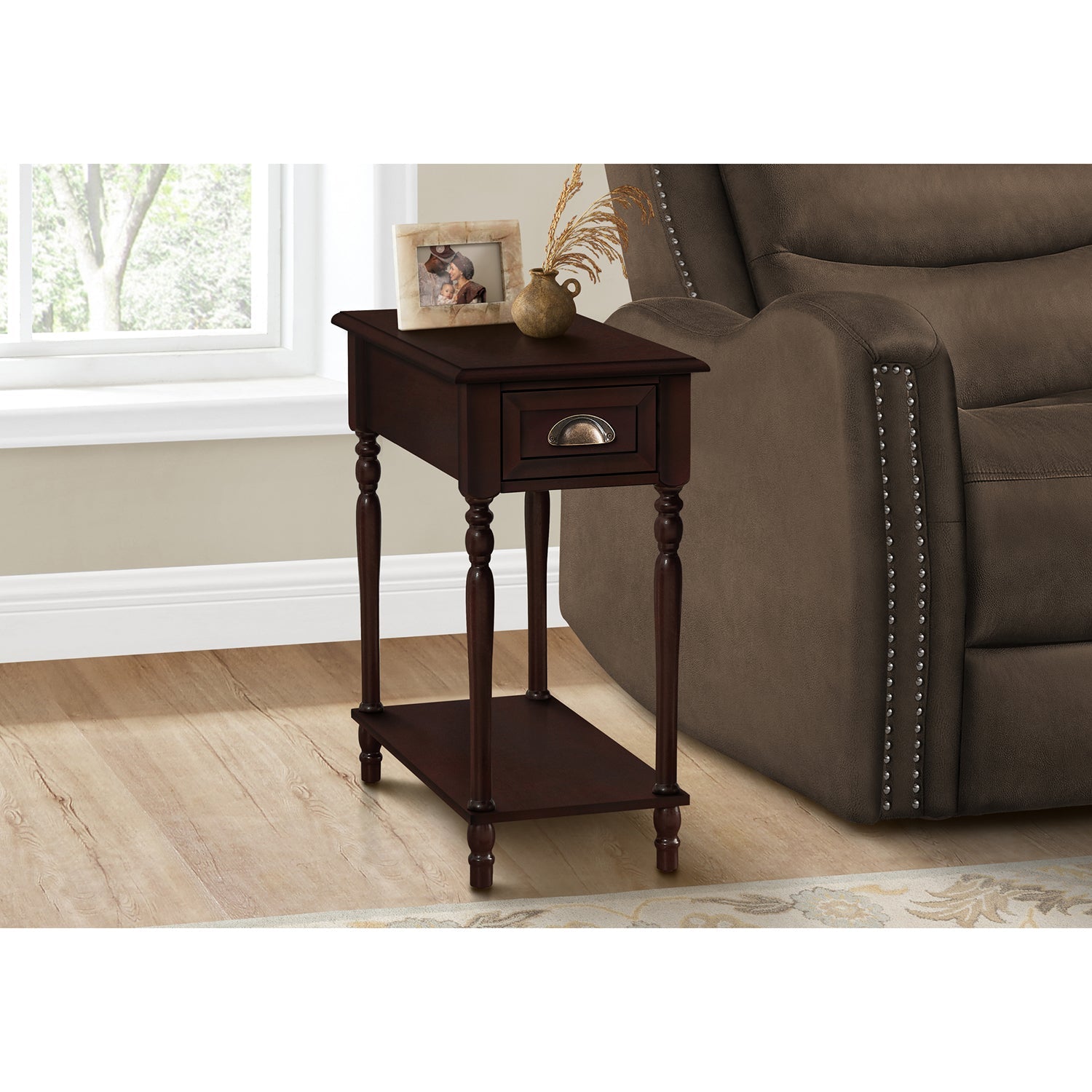 I 3969 - Table D'appoint, 2 Niveaux, Table D'appoint, Bout, Étroit, Table De Nuit, Chambre À Coucher, Lampe, Tiroir De Rangement, Placage Brun, Traditionnel - Simple Boutique