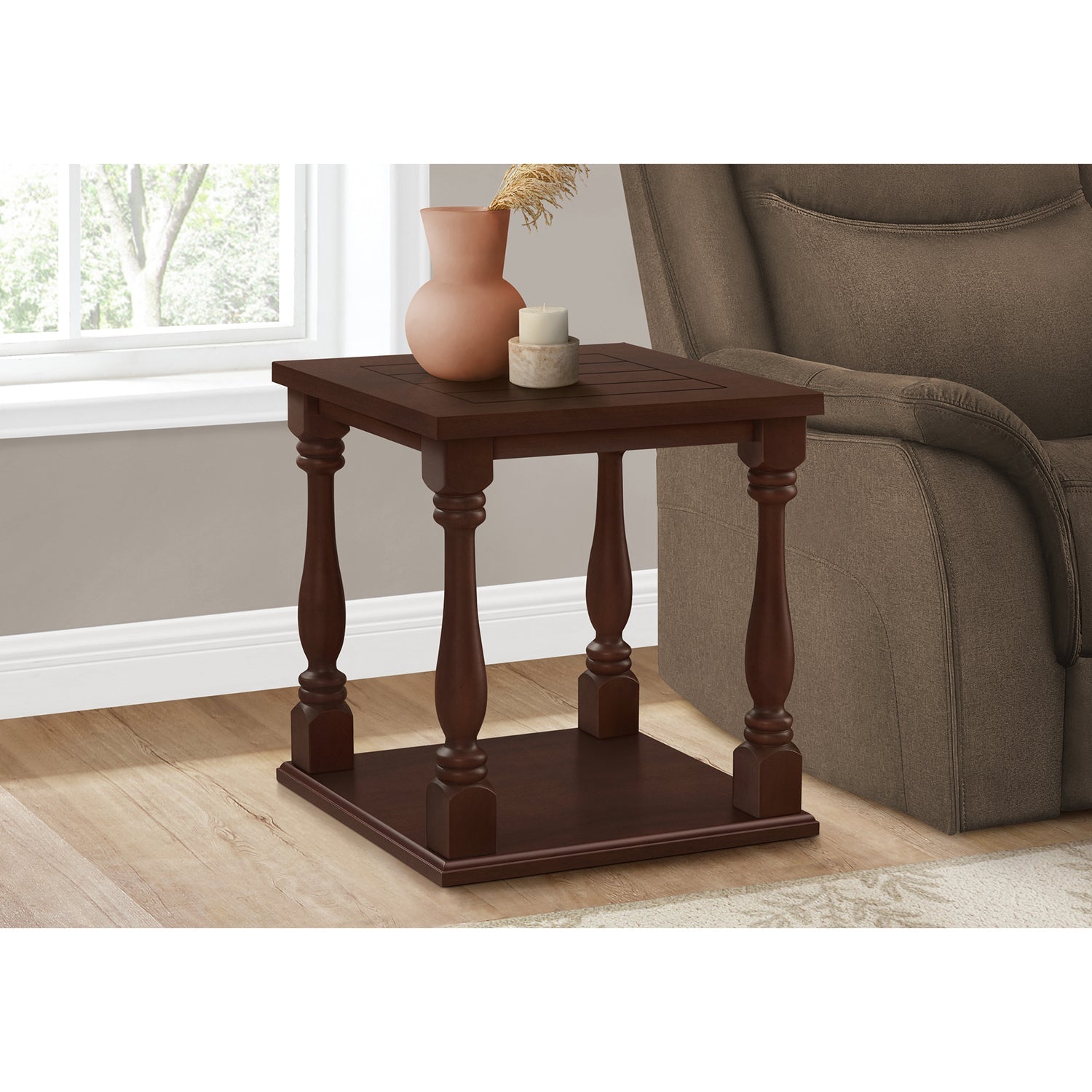 I 3970 - Table D'appoint, 2 Niveaux, Bout, Table D'appoint, Carré, Table De Nuit, Chambre À Coucher, Lampe, Placage Brun, Traditionnel - Simple Boutique