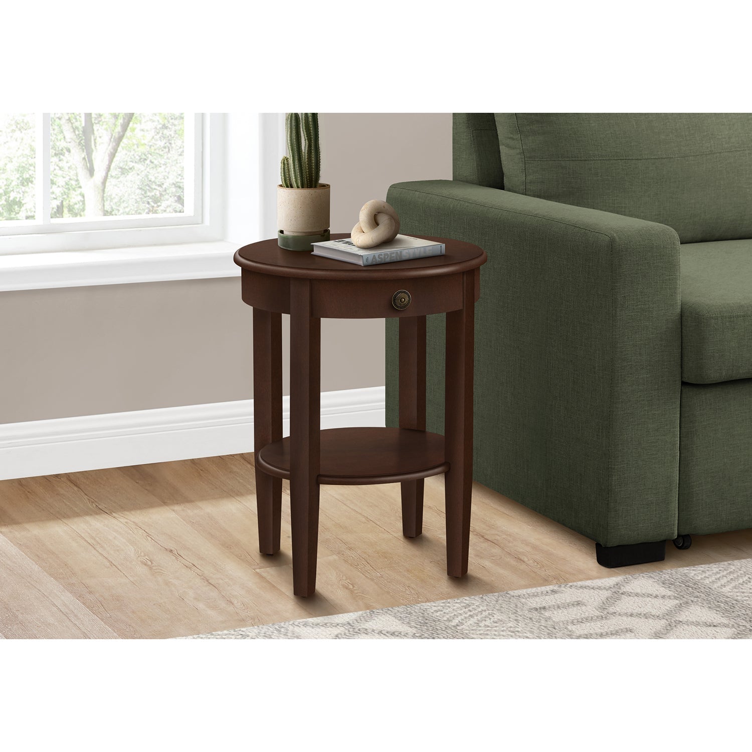 I 3975 - Table D'appoint, 2 Niveaux, Bout, Table D'appoint, Rond, Table De Nuit, Chambre À Coucher, Lampe, Placage Brun, Transitionnel - Simple Boutique
