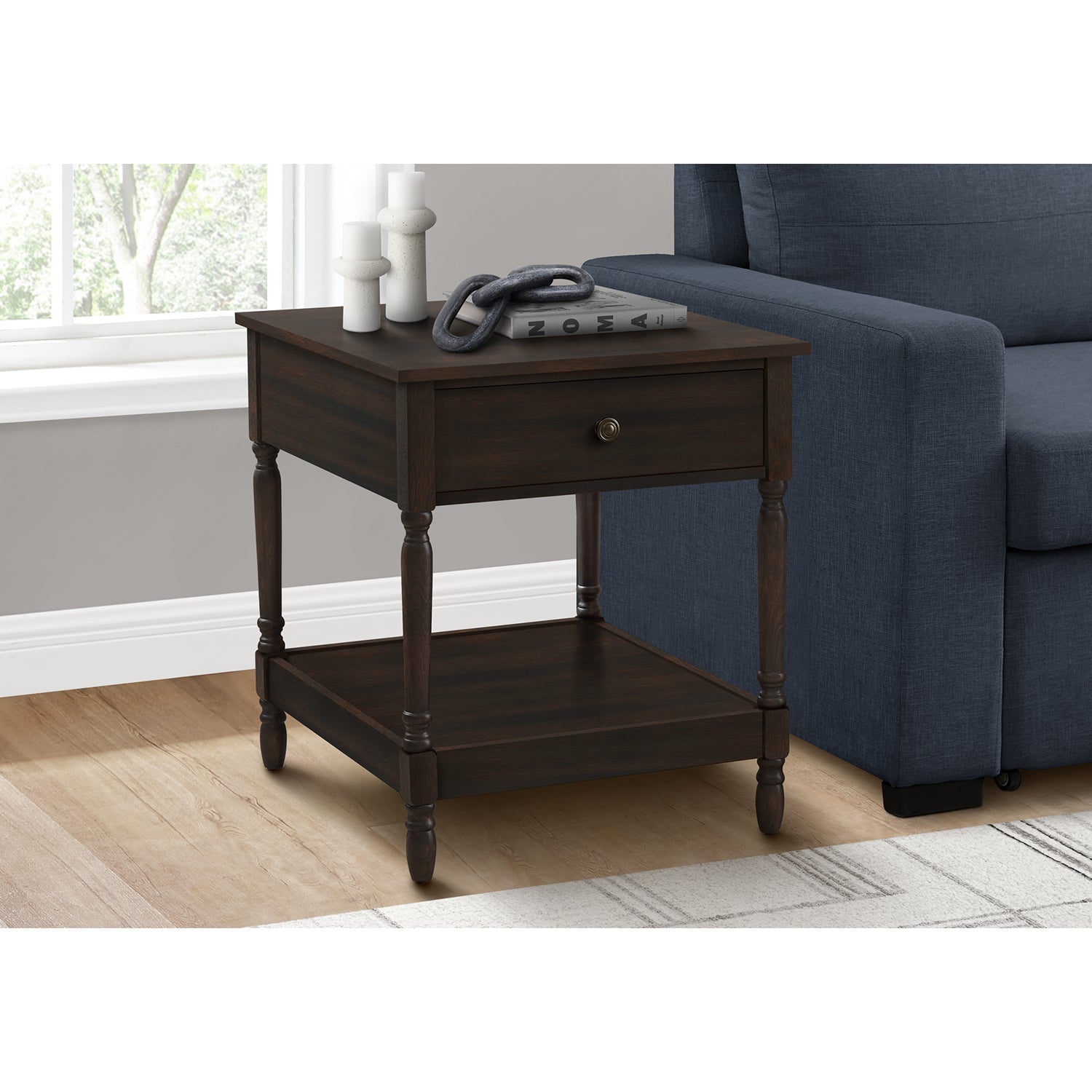 I 3976 - Table D'appoint, 2 Niveaux, Bout, Table D'appoint, Carré, Table De Nuit, Chambre À Coucher, Lampe, Placage Brun, Traditionnel - Simple Boutique