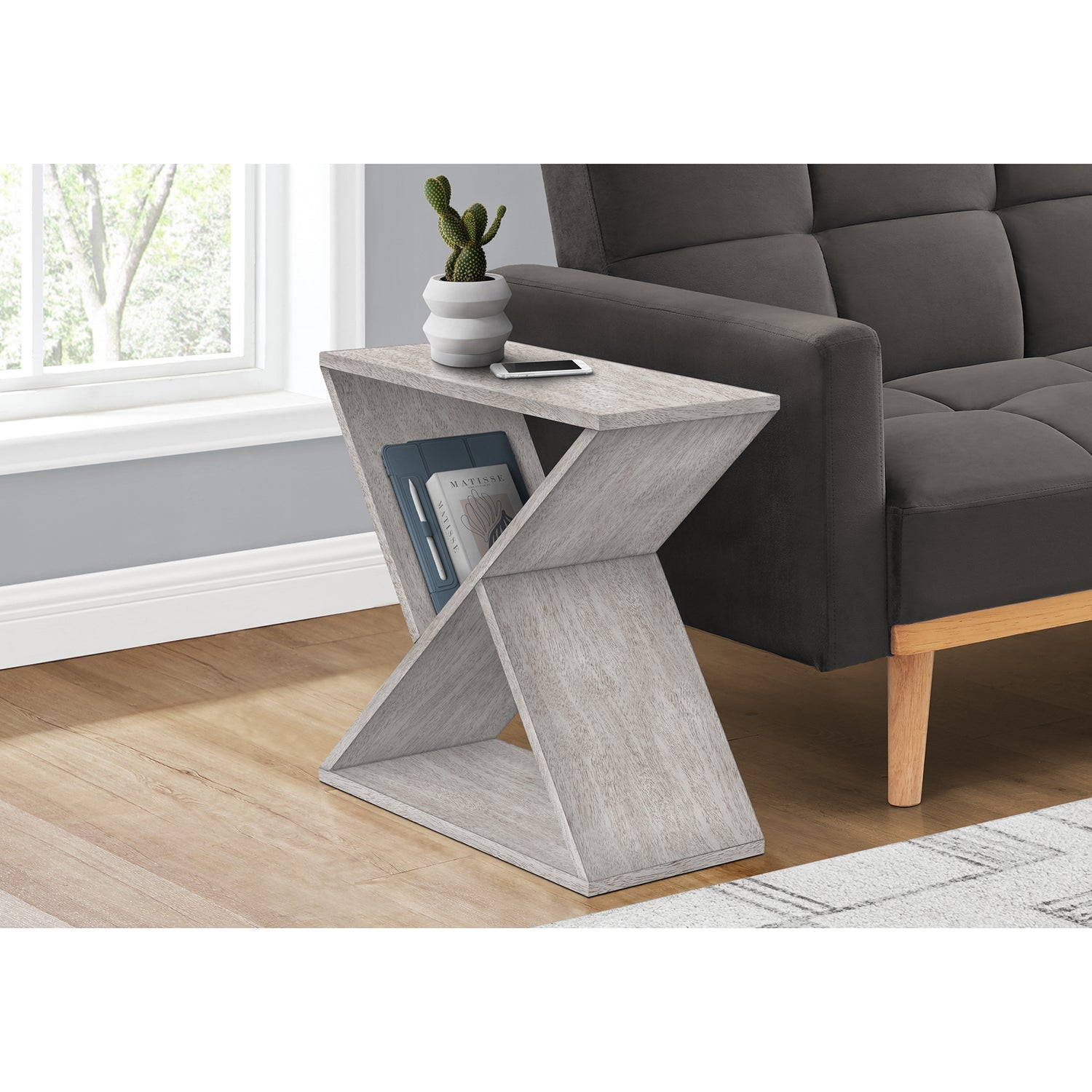 I 3980 - Table D'appoint, Coté, Bout, Table De Nuit, Étroit, Petit, Chambre À Coucher, Salon, Lampe, Placage Gris, Contemporain - Simple Boutique