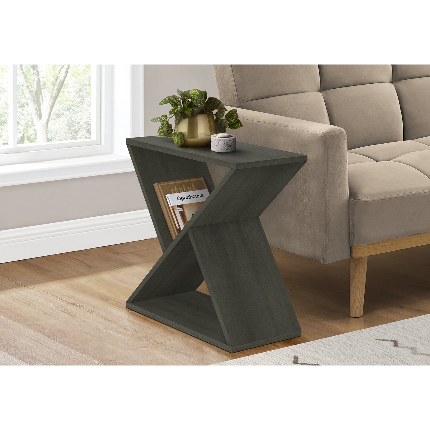 I 3982 - Table D'appoint, Coté, Bout, Table De Nuit, Étroit, Petit, Chambre À Coucher, Salon, Lampe, Placage Vert Foncé, Contemporain - Simple Boutique