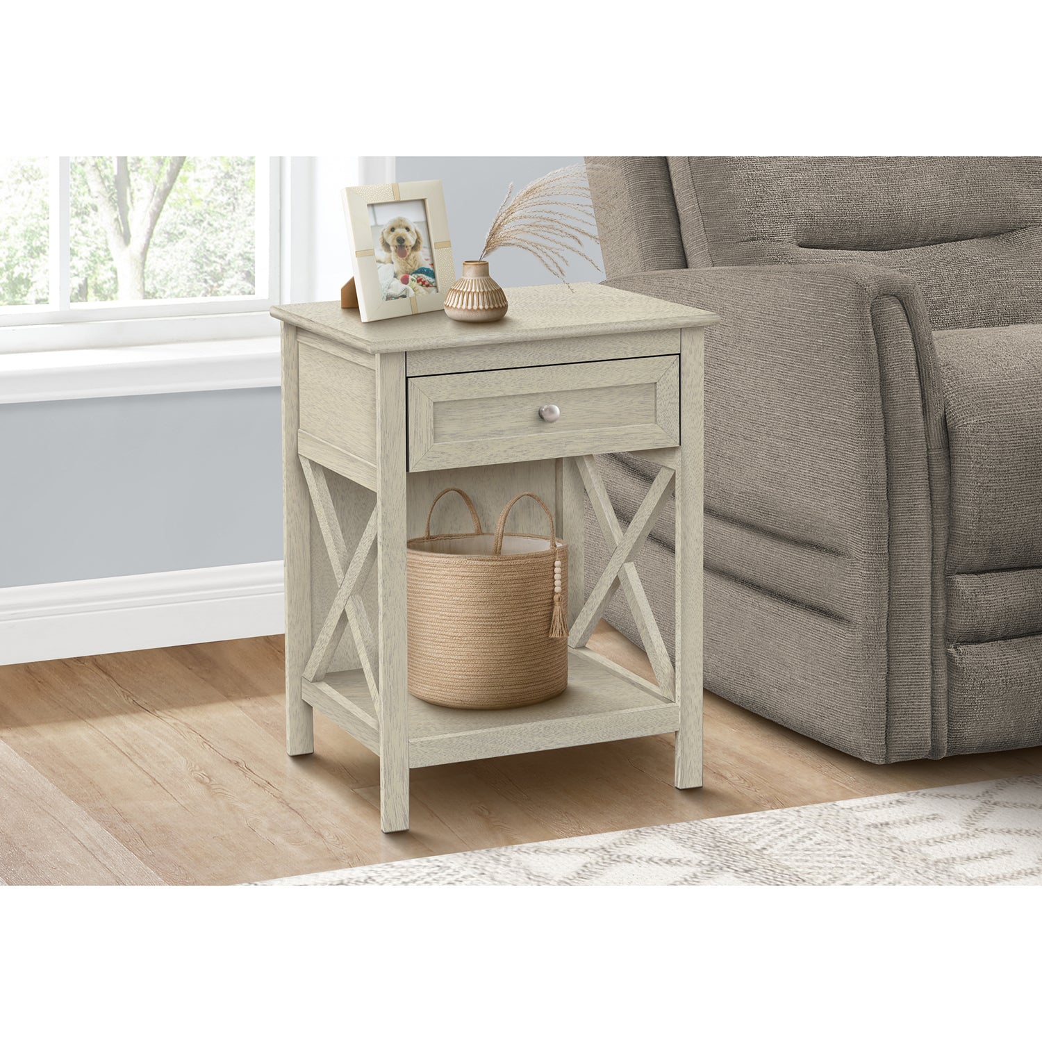 I 3984 - Table D'appoint, Bout, Table D'appoint, 2 Niveaux, Chambre À Coucher, Table De Nuit, Lampe, Tiroir De Rangement, Placage Blanc Antique, Transitionnel - Simple Boutique