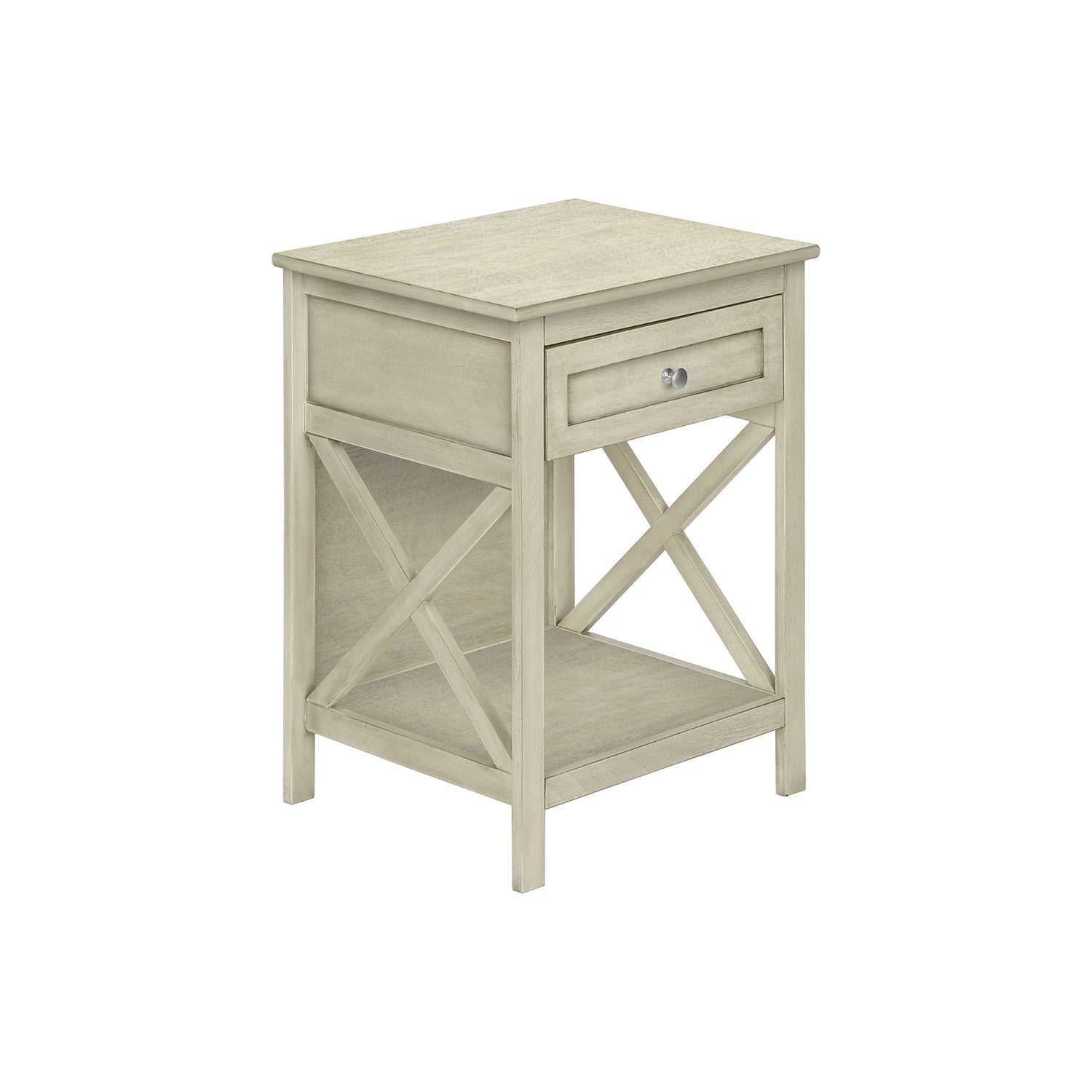 I 3984 - Table D'appoint, Bout, Table D'appoint, 2 Niveaux, Chambre À Coucher, Table De Nuit, Lampe, Tiroir De Rangement, Placage Blanc Antique, Transitionnel - Simple Boutique