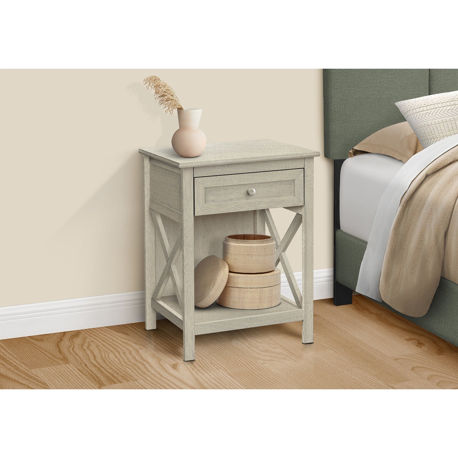 I 3984 - Table D'appoint, Bout, Table D'appoint, 2 Niveaux, Chambre À Coucher, Table De Nuit, Lampe, Tiroir De Rangement, Placage Blanc Antique, Transitionnel - Simple Boutique