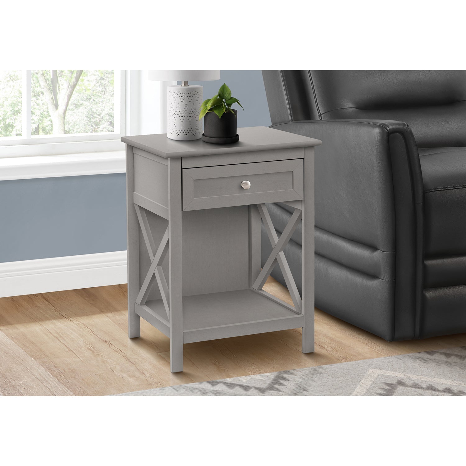 I 3985 - Table D'appoint, Bout, Table D'appoint, 2 Niveaux, Chambre À Coucher, Table De Nuit, Lampe, Tiroir De Rangement, Placage Gris Antique, Transitionnel - Simple Boutique