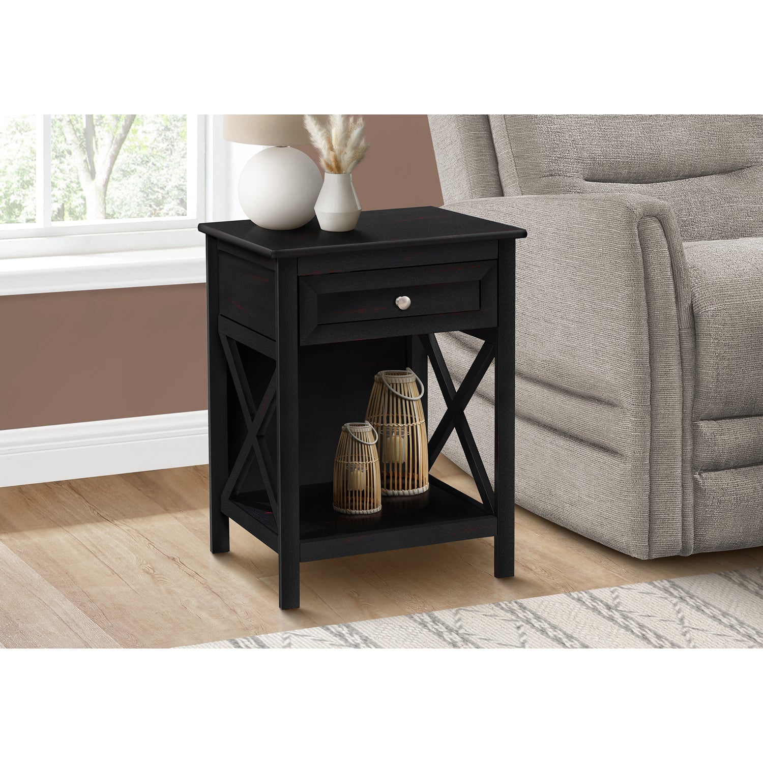 I 3986 - Table D'appoint, Bout, Table D'appoint, 2 Niveaux, Chambre À Coucher, Table De Nuit, Lampe, Tiroir De Rangement, Placage Noir, Transitionnel - Simple Boutique