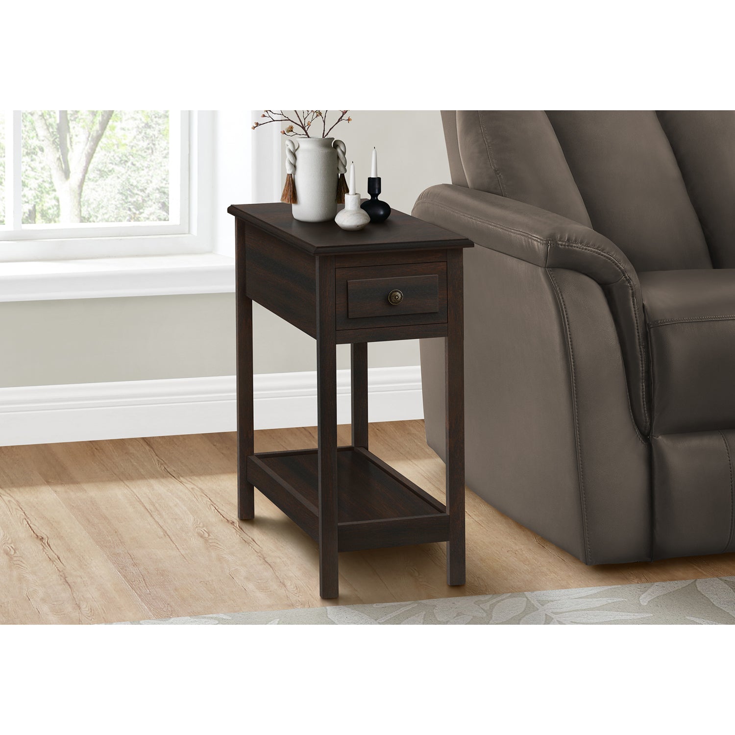 I 3990 - Table D'appoint, 2 Niveaux, Bout, Table D'appoint, Étroit, Table De Nuit, Chambre À Coucher, Tiroir De Rangement, Lampe, Placage Brun, Transitionnel - Simple Boutique