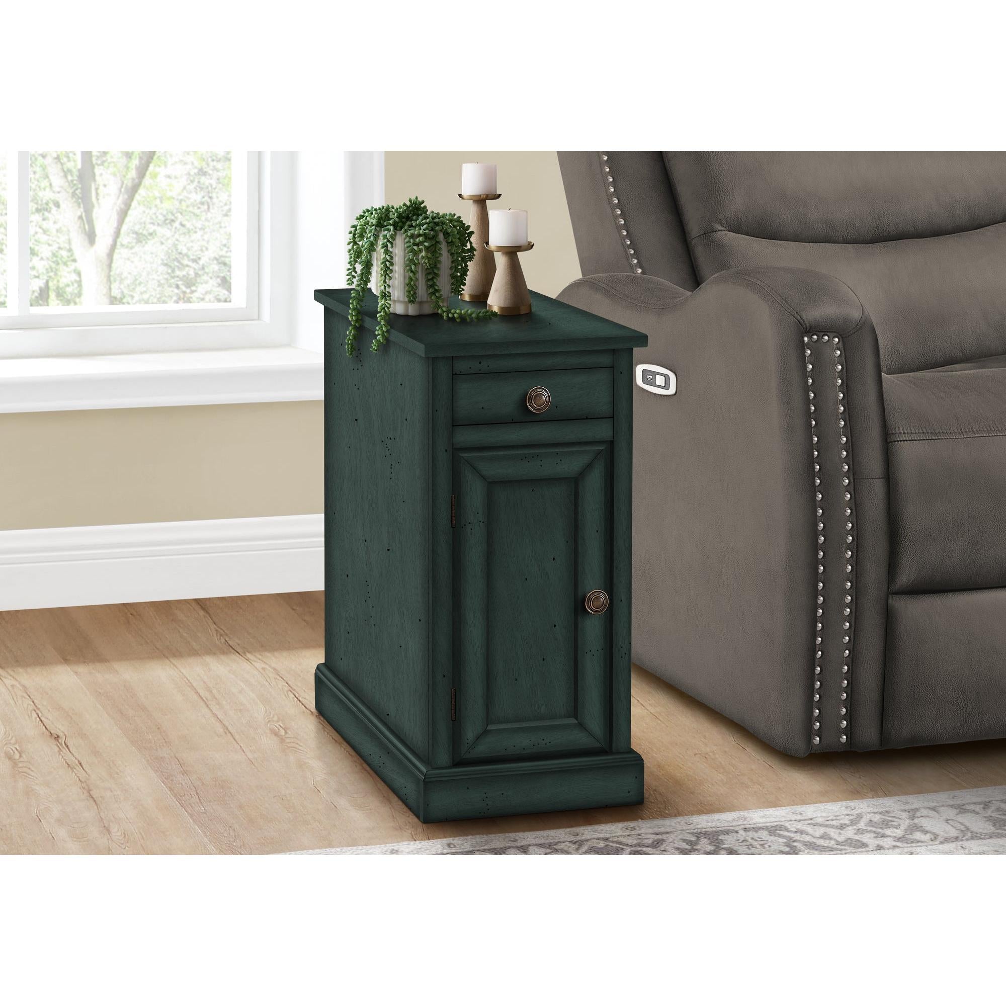 I 3992 - Table D'appoint, Bout, Table D'appoint, Table De Nuit, Étroit, Chambre À Coucher, Lampe, Tiroir De Rangement, Placage Bleu Antique, Traditionnel - Simple Boutique