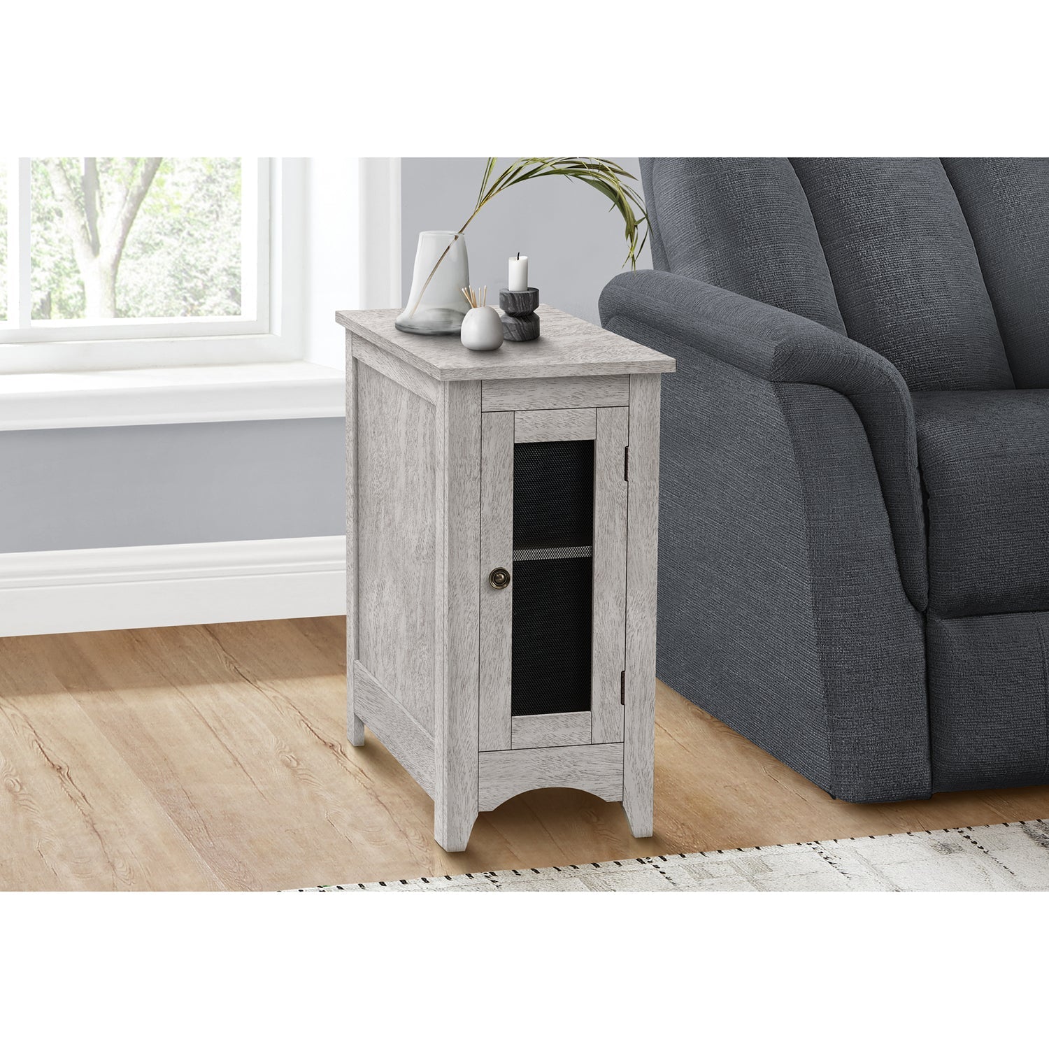 I 3996 - Table D'appoint, Bout, Table D'appoint, Étroit, Table De Nuit, Chambre À Coucher, Lampe, Rangement, Placage Gris, Transitionnel - Simple Boutique