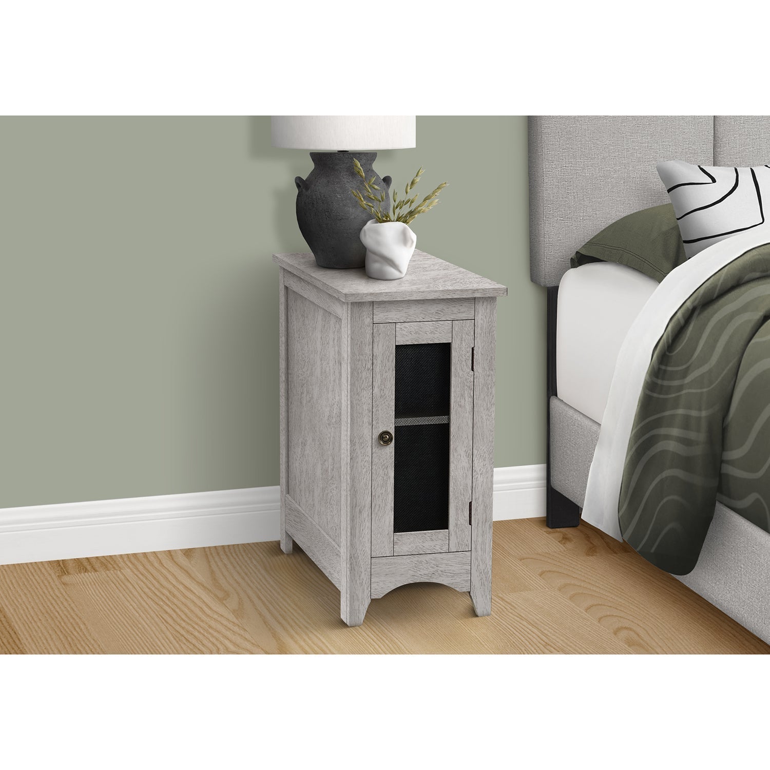 I 3996 - Table D'appoint, Bout, Table D'appoint, Étroit, Table De Nuit, Chambre À Coucher, Lampe, Rangement, Placage Gris, Transitionnel - Simple Boutique