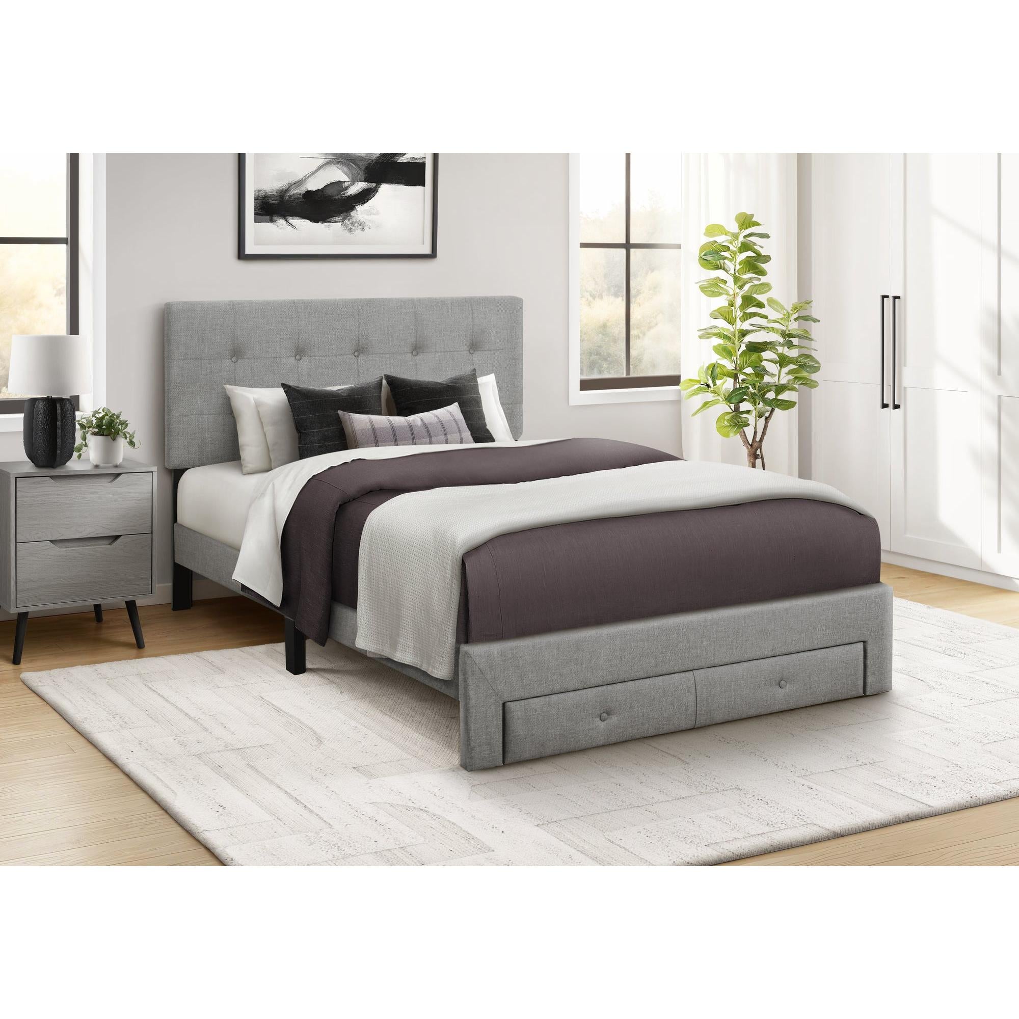 I 5900F - Lit, Taille Totale, Lit À Plateforme, Rembourré, Tiroirs De Rangement, Chambre À Coucher, Juvénile, Aspect Linge Gris, Transitionnel - Simple Boutique