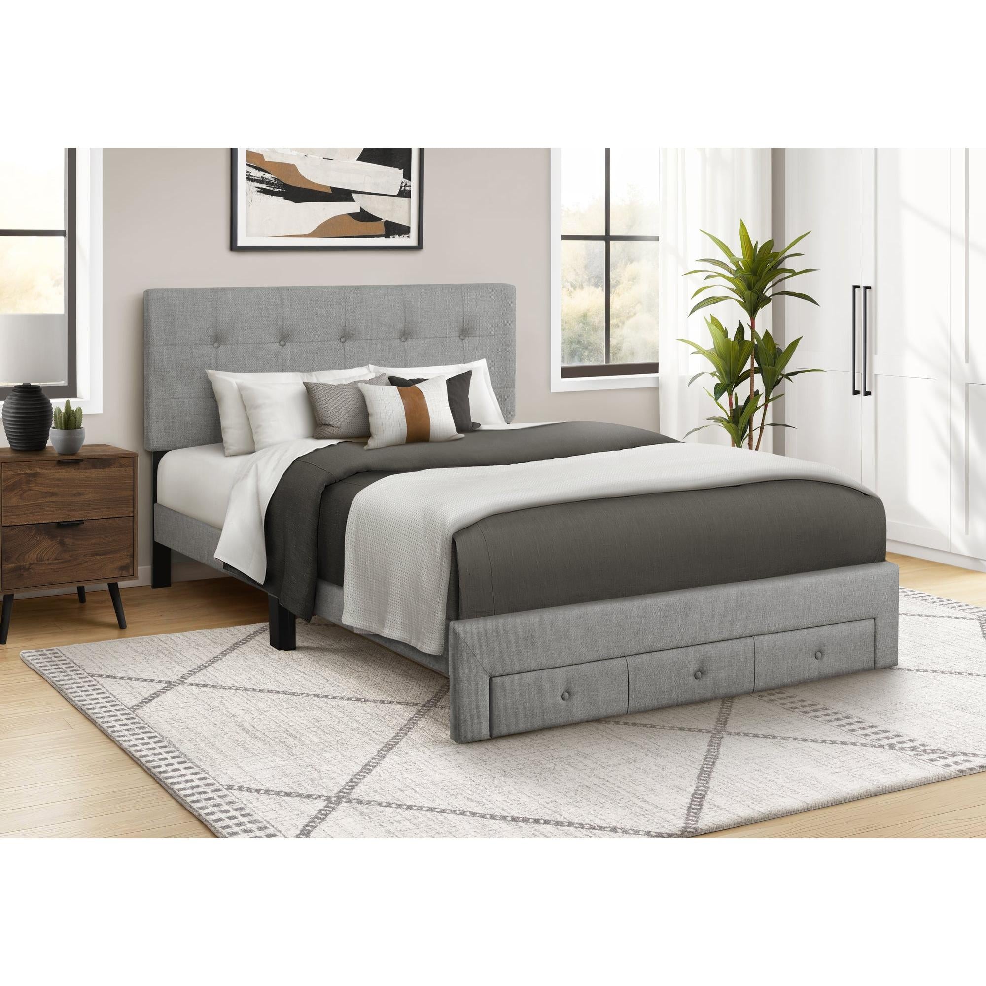I 5900Q - Lit, Grand, Lit À Plateforme, Tiroirs De Rangement, Rembourré, Cadre Seulement, Chambre À Coucher, Aspect Linge Gris, Transitionnel - Simple Boutique