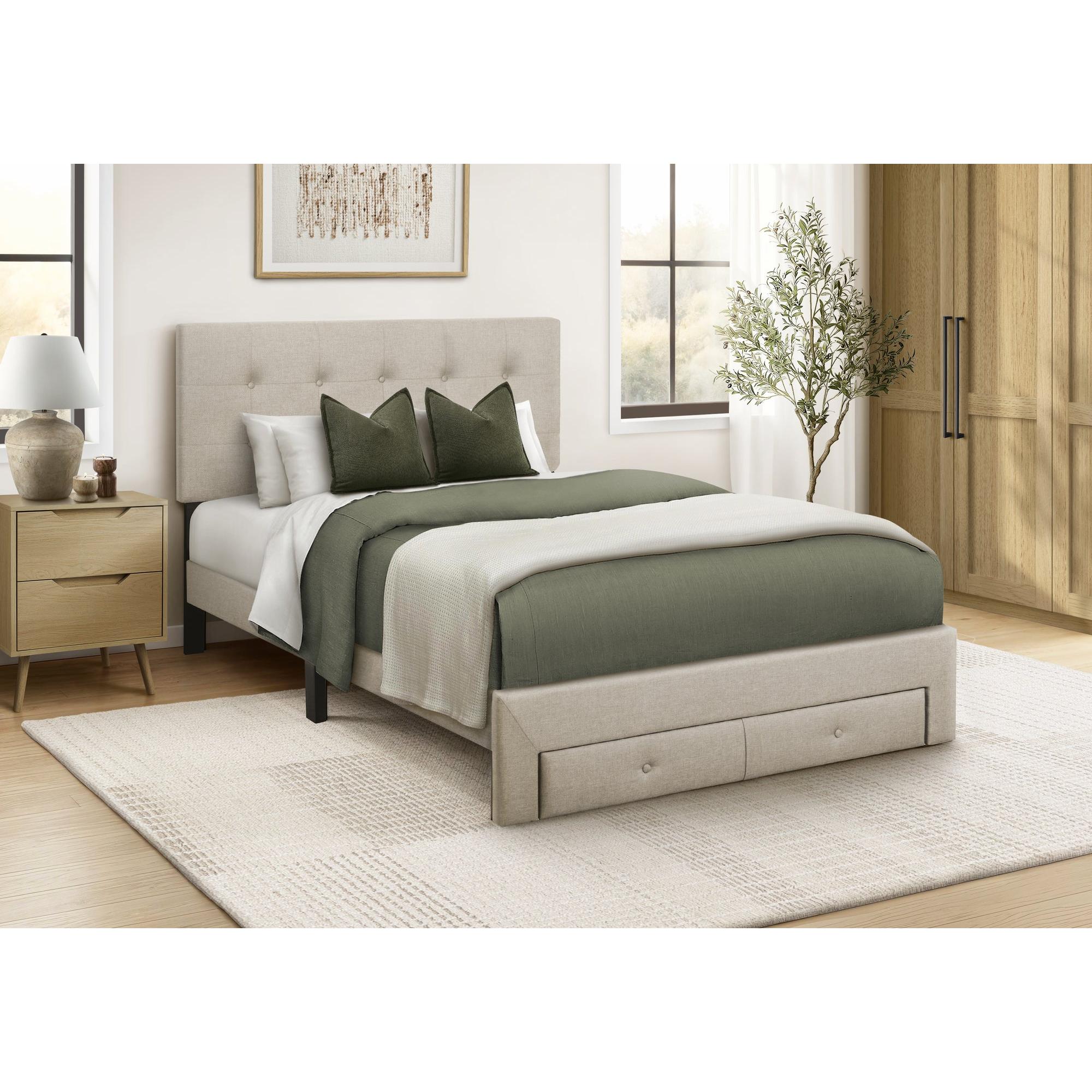 I 5901F - Lit, Taille Totale, Lit À Plateforme, Rembourré, Tiroirs De Rangement, Chambre À Coucher, Juvénile, Aspect Linge Beige, Transitionnel - Simple Boutique