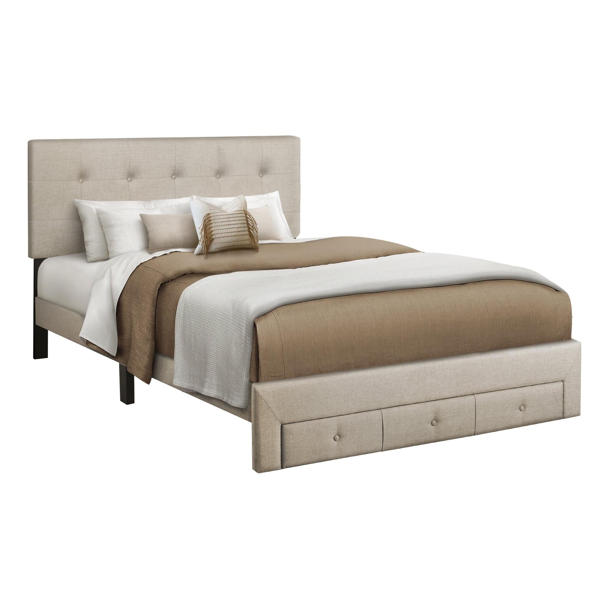 I 5901Q - Lit, Grand, Lit À Plateforme, Tiroirs De Rangement, Rembourré, Cadre Seulement, Chambre À Coucher, Aspect Linge Beige, Transitionnel - Simple Boutique