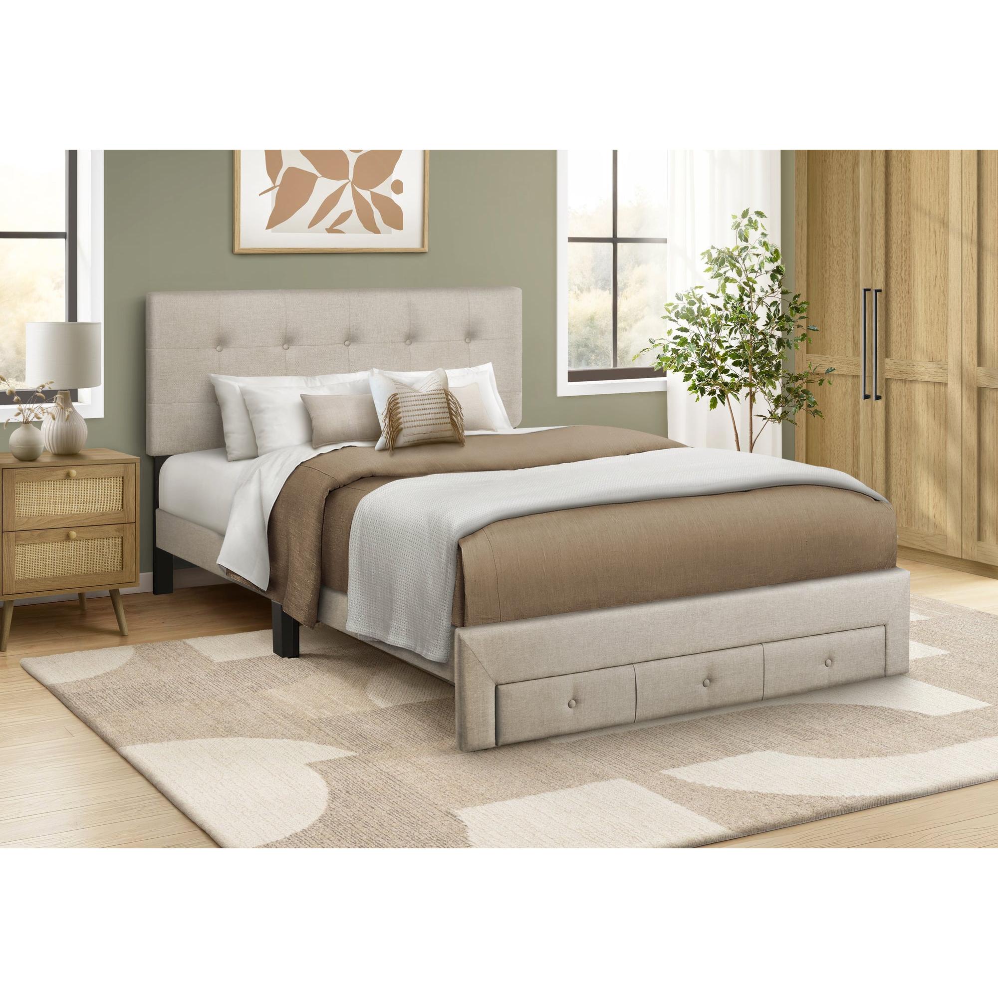 I 5901Q - Lit, Grand, Lit À Plateforme, Tiroirs De Rangement, Rembourré, Cadre Seulement, Chambre À Coucher, Aspect Linge Beige, Transitionnel - Simple Boutique