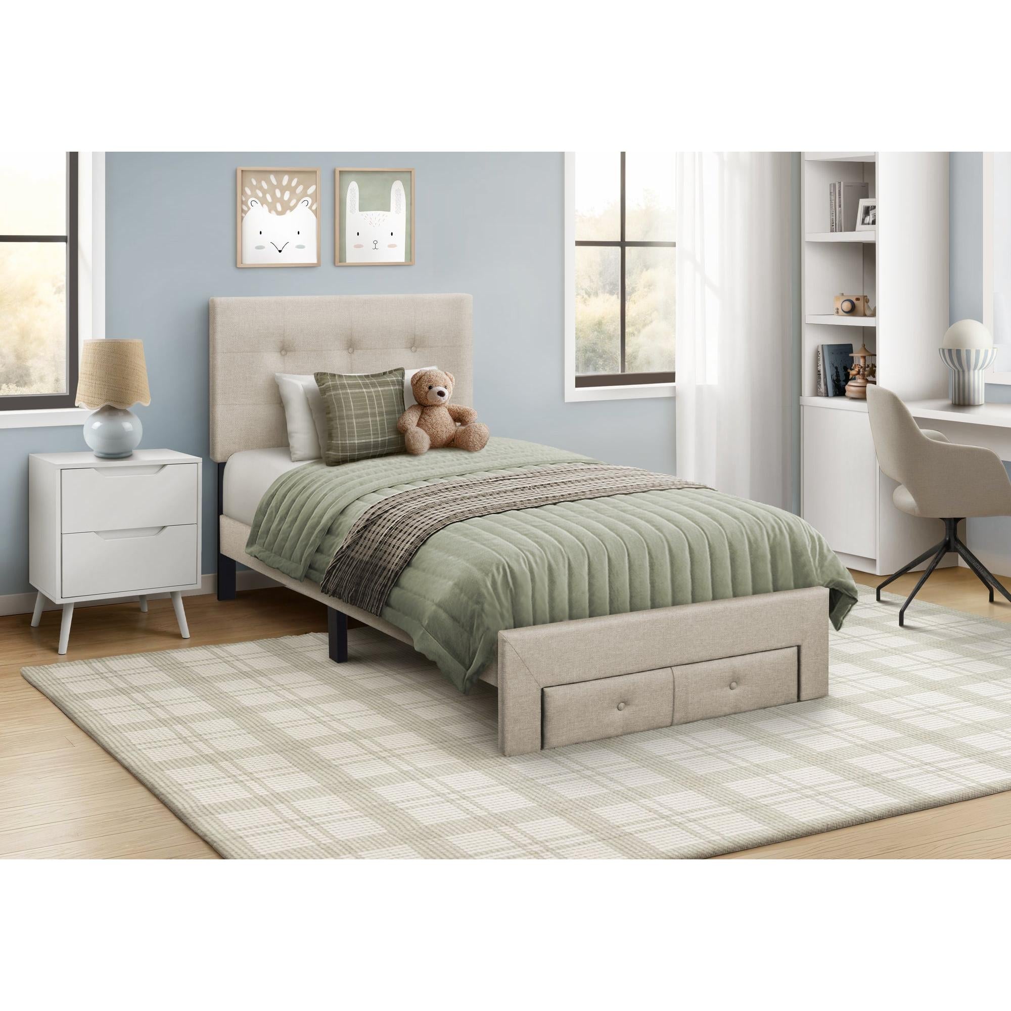 I 5901T - Lit, Taille Jumelle, Lit À Plateforme, Rembourré, Juvénile, Tiroirs De Rangement, Cadre Seulement, Chambre À Coucher, Aspect Linge Beige, Transitionnel - Simple Boutique