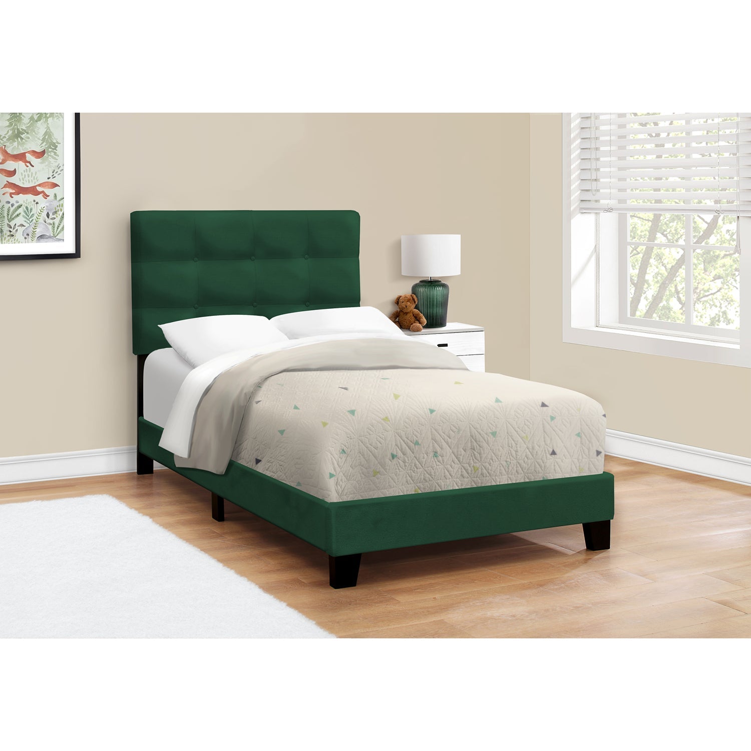 I 5917T - Lit, Taille Simple, Rembourré, Chambre À Coucher, Cadre Seulement, Jeune, Adolescent, Juvénile, Velours Vert, Transitionnel - Simple Boutique