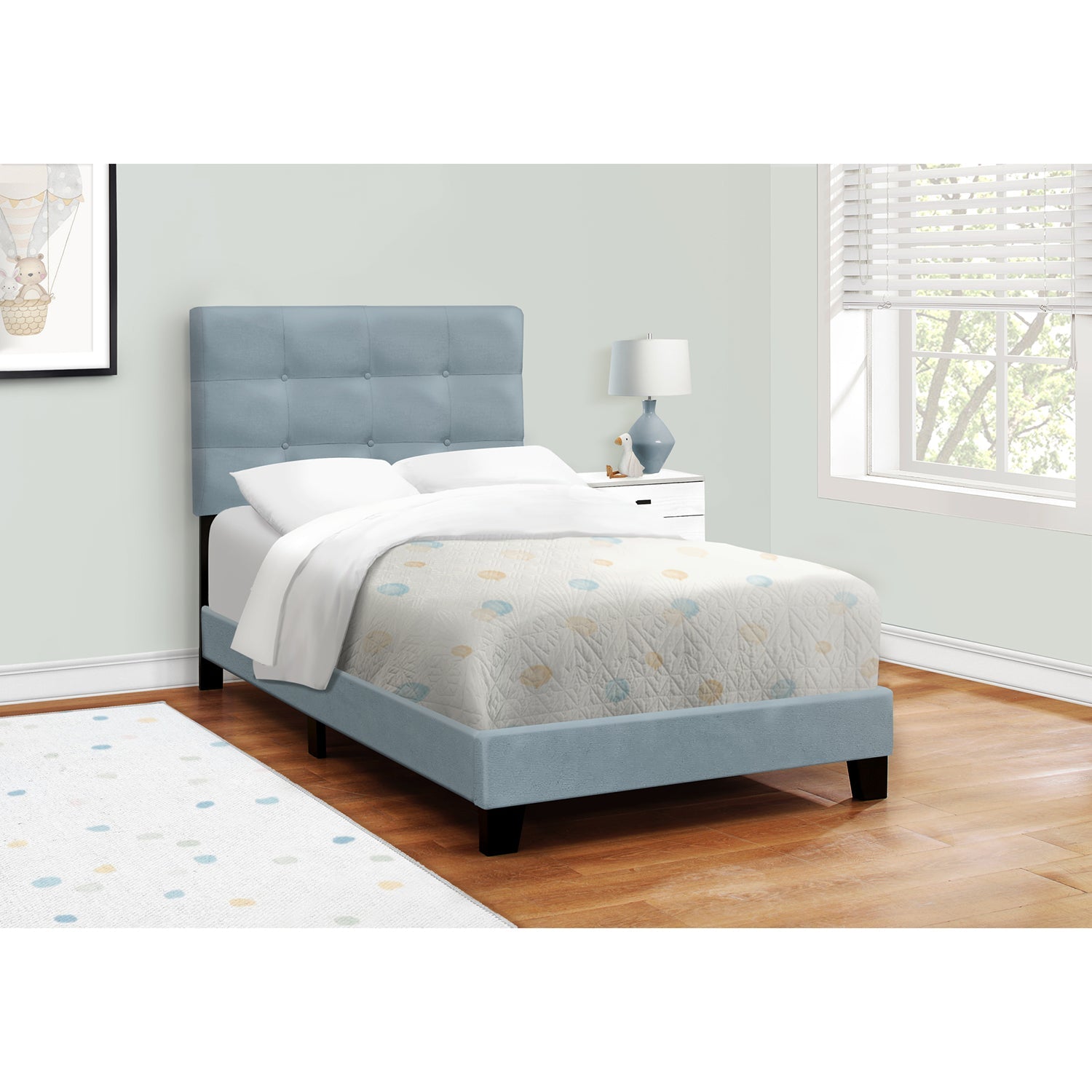 I 5919T - Lit, Taille Simple, Rembourré, Chambre À Coucher, Cadre Seulement, Jeune, Adolescent, Juvénile, Velours Bleu Pâle, Transitionnel - Simple Boutique