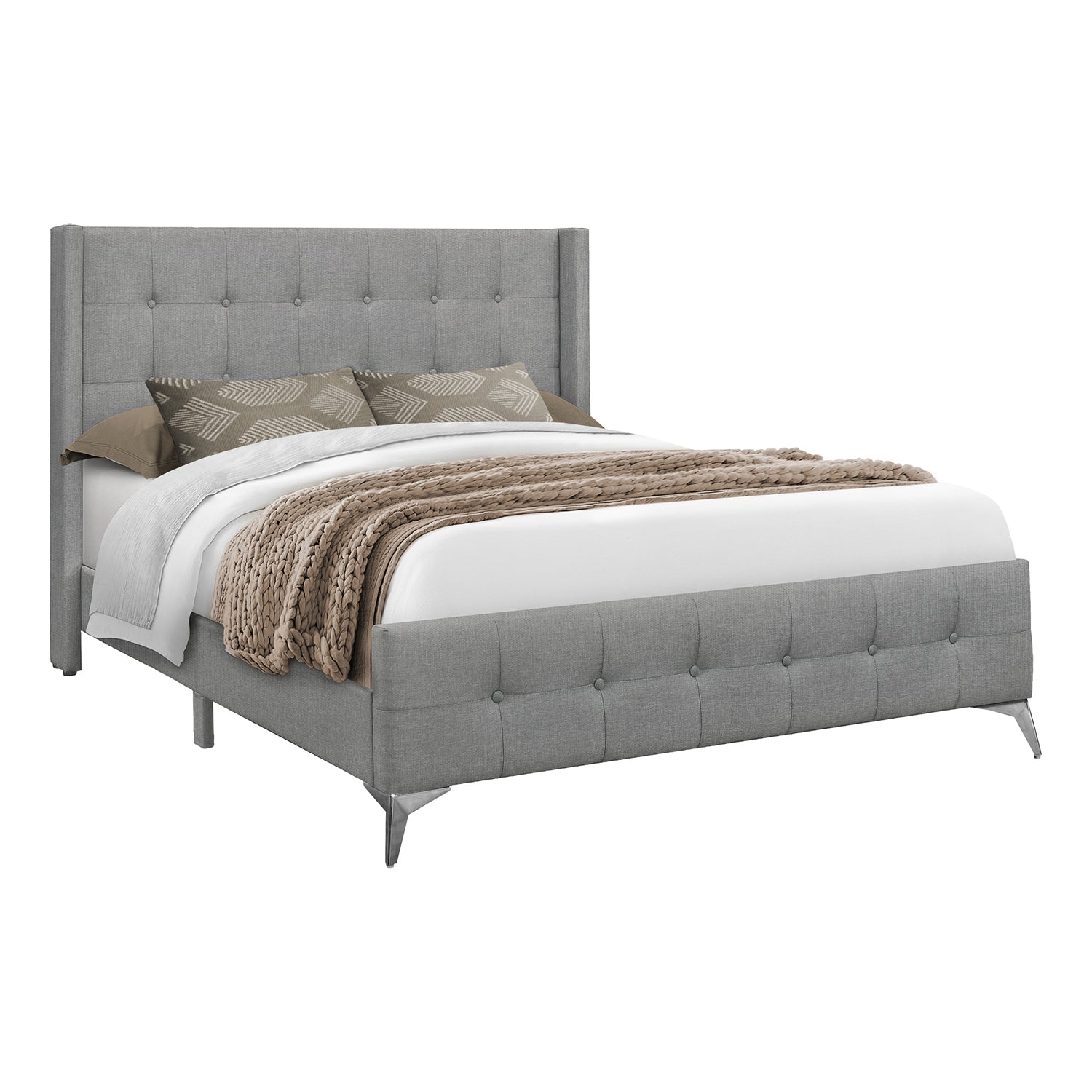 I 6040Q - Lit, Grand, Chambre À Coucher, Cadre, Rembourré, Apparence De Lin Gris, Pieds En Métal Chrome, Transitionnel - Simple Boutique