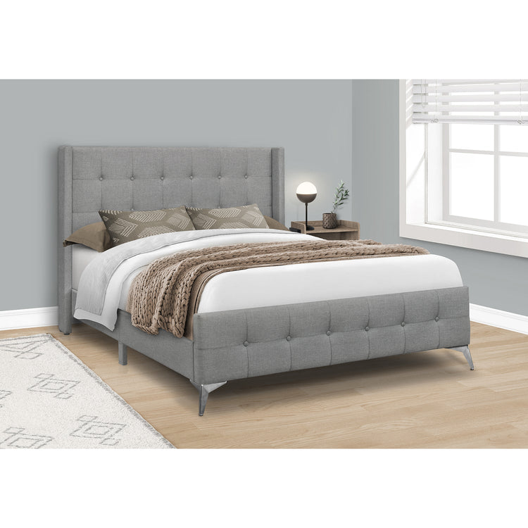 I 6040Q - Lit, Grand, Chambre À Coucher, Cadre, Rembourré, Apparence De Lin Gris, Pieds En Métal Chrome, Transitionnel - Simple Boutique