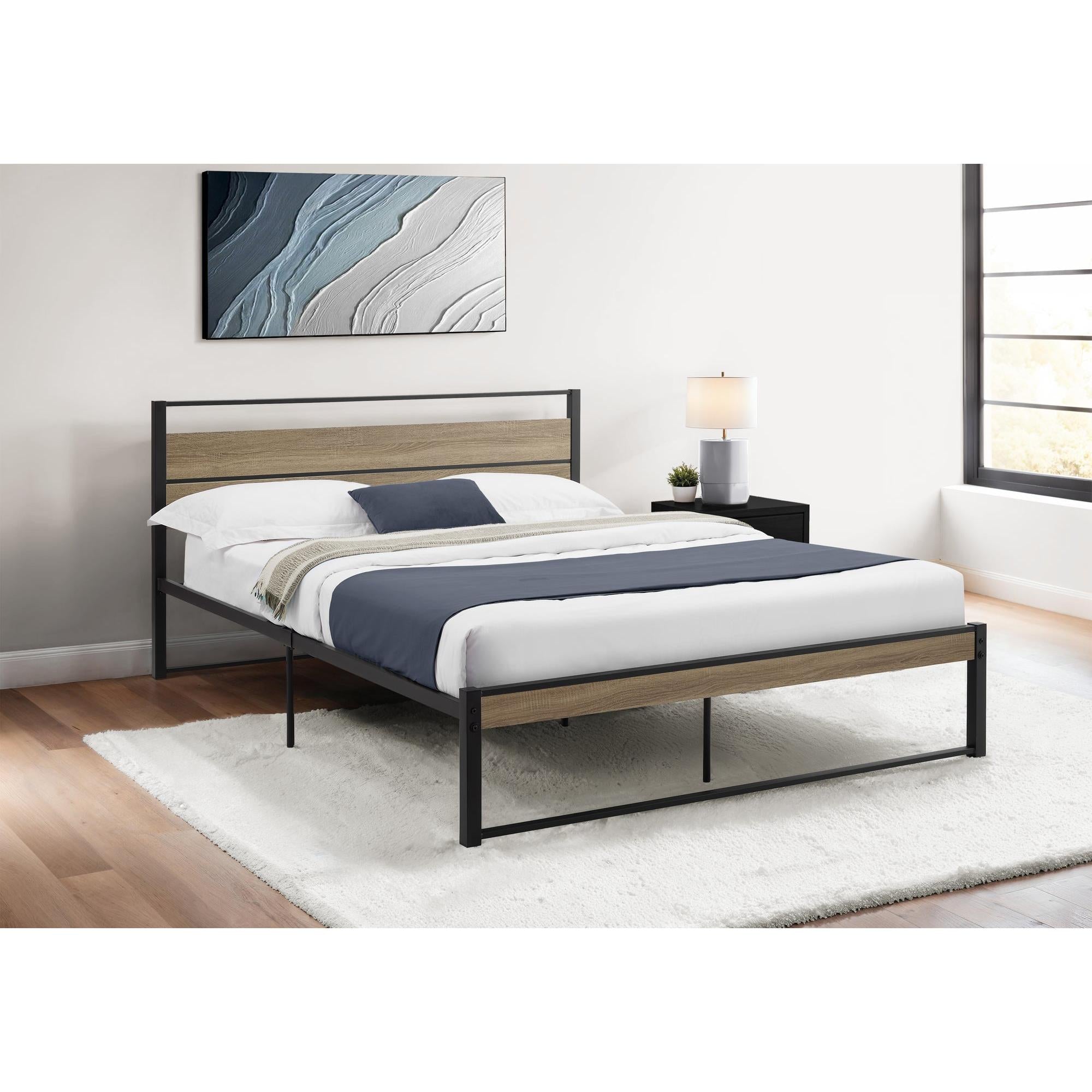 I 6070Q - Lit, Chambre À Coucher, Cadre Seulement, Lit À Plateforme, Grand, Stratifié Taupe Foncé, Métal Noir, Contemporain, Moderne - Simple Boutique