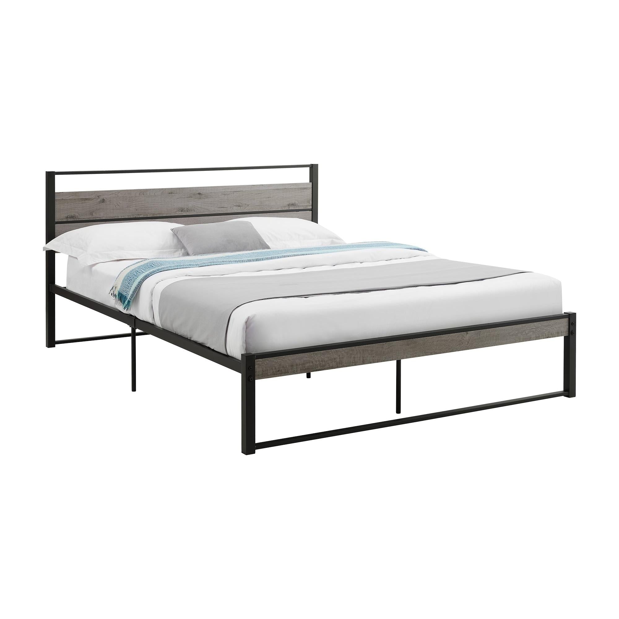 I 6071Q - Lit, Chambre À Coucher, Cadre Seulement, Lit À Plateforme, Grand, Stratifié Gris, Métal Noir, Contemporain, Moderne - Simple Boutique