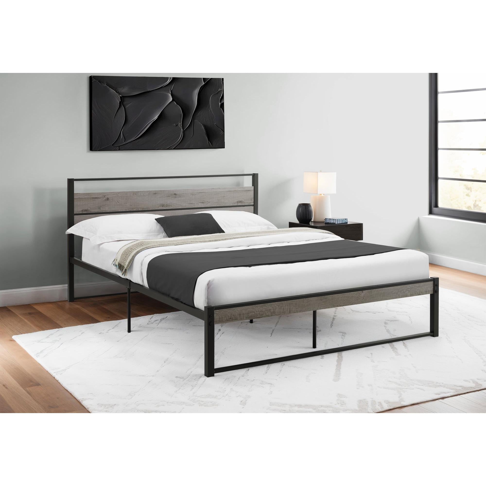 I 6071Q - Lit, Chambre À Coucher, Cadre Seulement, Lit À Plateforme, Grand, Stratifié Gris, Métal Noir, Contemporain, Moderne - Simple Boutique