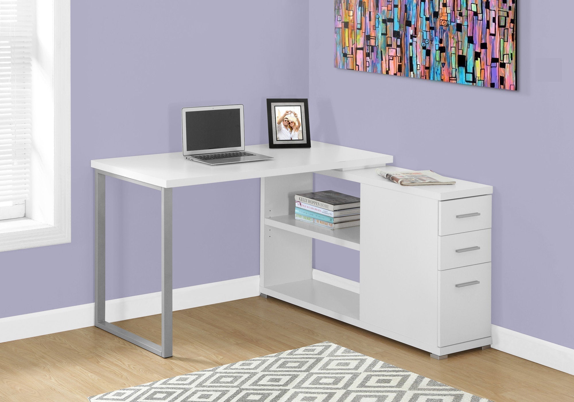 I 7133 Bureau, Bureau À Domicile, Coin, Configuration Gauche, Droite, Tiroirs De Rangement, Forme De L, Travail, Ordinateur Portable, Métal, Stratifié, Blanc, Gris, Contemporain, Moderne - Simple Boutique