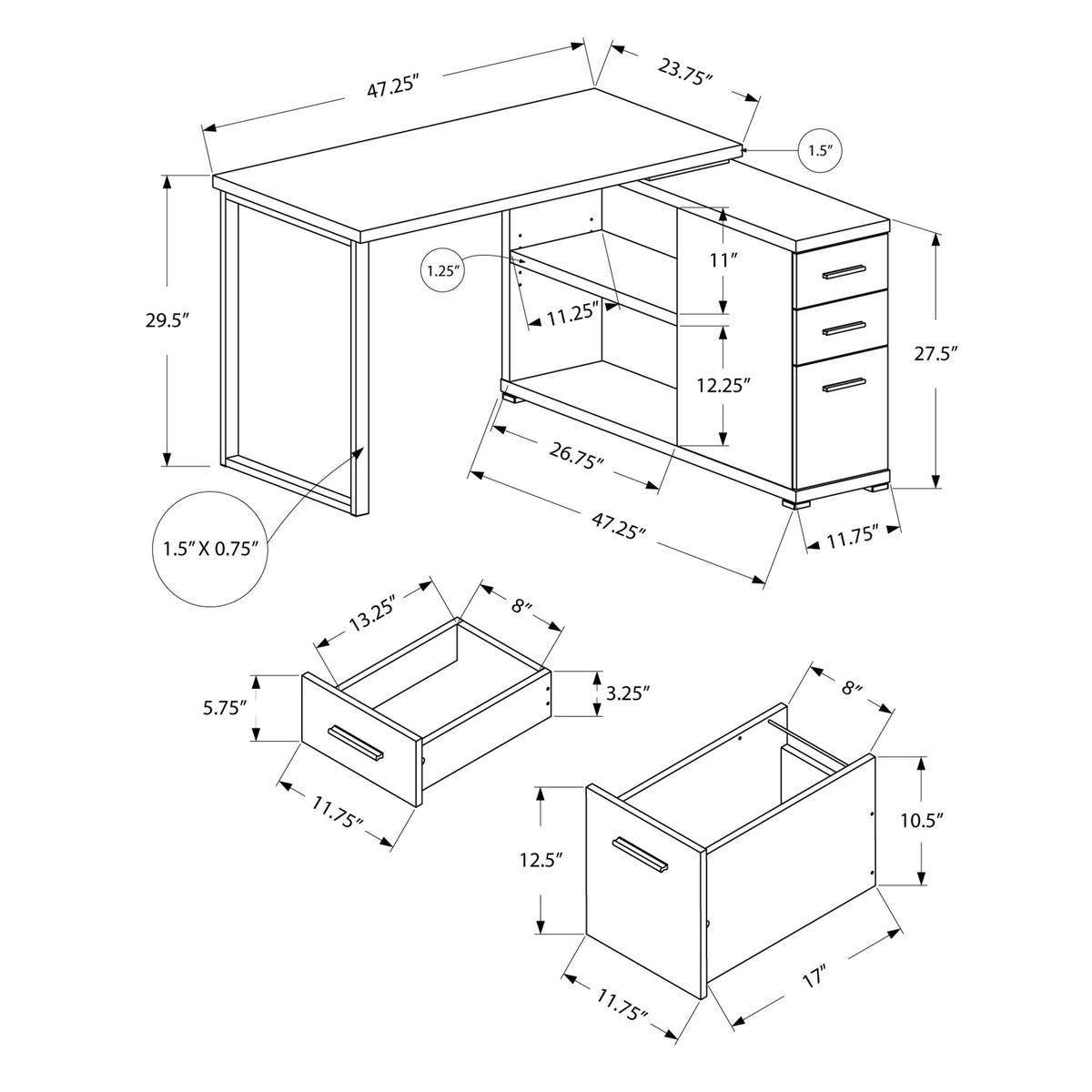 I 7134 Bureau, Bureau À Domicile, Coin, Configuration Gauche, Droite, Tiroirs De Rangement, Forme De L, Travail, Ordinateur Portable, Métal, Stratifié, Brun, Gris, Contemporain, Moderne - Simple Boutique