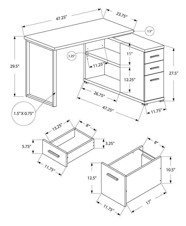I 7134 Bureau, Bureau À Domicile, Coin, Configuration Gauche, Droite, Tiroirs De Rangement, Forme De L, Travail, Ordinateur Portable, Métal, Stratifié, Brun, Gris, Contemporain, Moderne - Simple Boutique