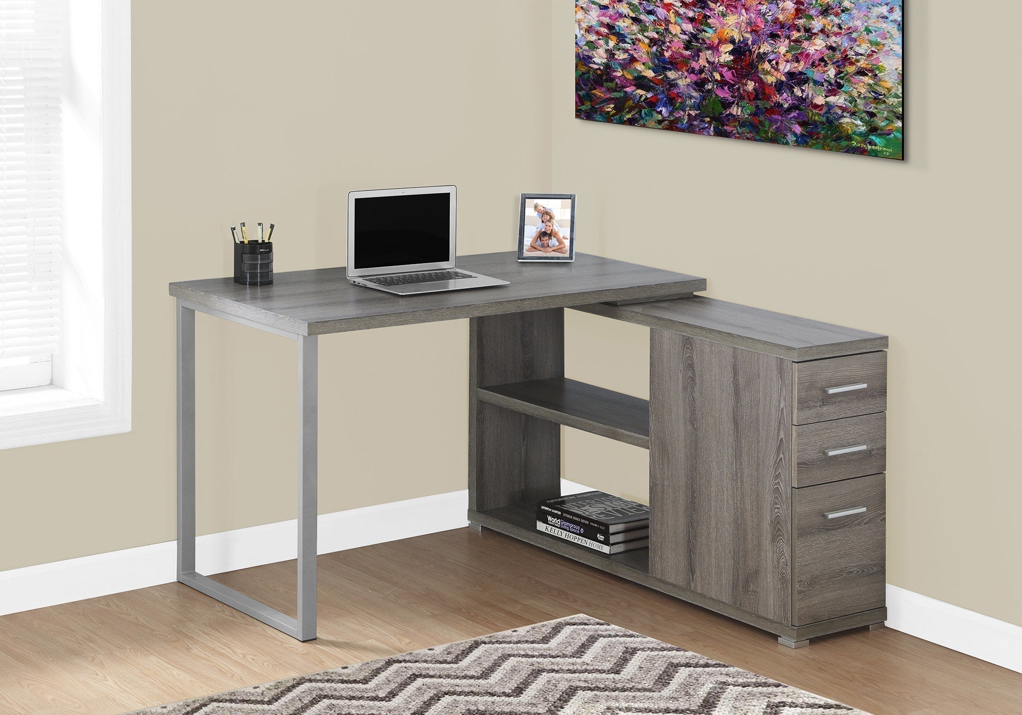 I 7134 Bureau, Bureau À Domicile, Coin, Configuration Gauche, Droite, Tiroirs De Rangement, Forme De L, Travail, Ordinateur Portable, Métal, Stratifié, Brun, Gris, Contemporain, Moderne - Simple Boutique