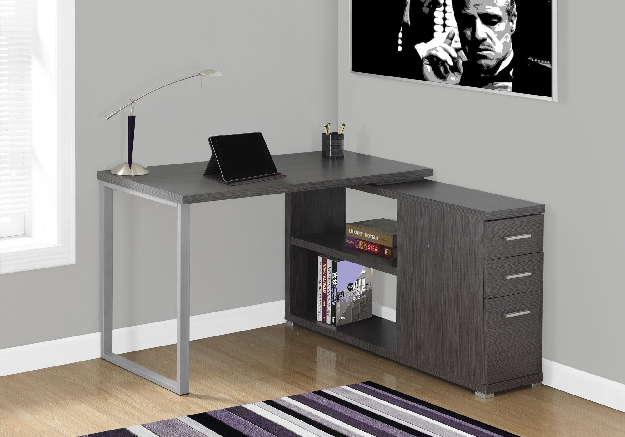 I 7135 Bureau, Bureau À Domicile, Coin, Configuration Gauche, Droite, Tiroirs De Rangement, Forme De L, Travail, Ordinateur Portable, Métal, Stratifié, Gris, Contemporain, Moderne - Simple Boutique