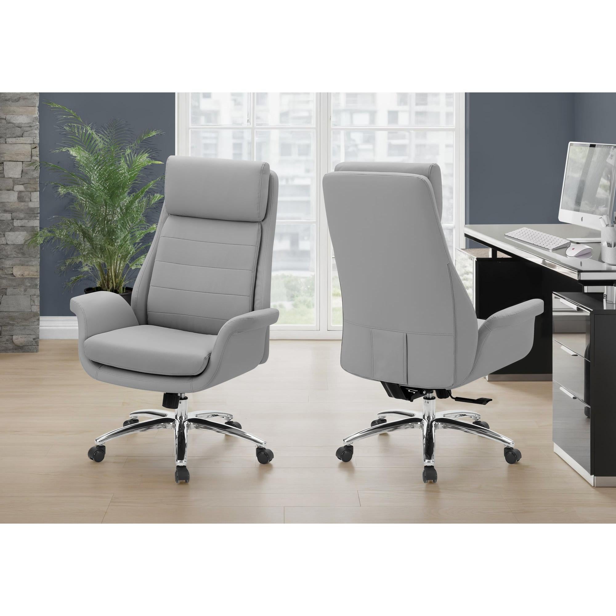 I 7251 - Chaise De Bureau, Hauteur Réglable, Accoudoir, Ergonomique, Pivotant, Bureau Informatique, Travail, Aspect Cuir Gris, Métal Chromé, Contemporain, Moderne - Simple Boutique