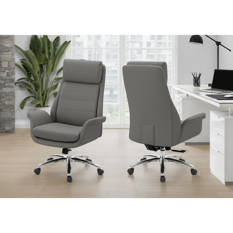 I 7252 - Chaise De Bureau, Hauteur Réglable, Accoudoir, Ergonomique, Pivotant, Bureau Informatique, Travail, Aspect Cuir Gris Foncé, Métal Chromé, Contemporain, Moderne - Simple Boutique