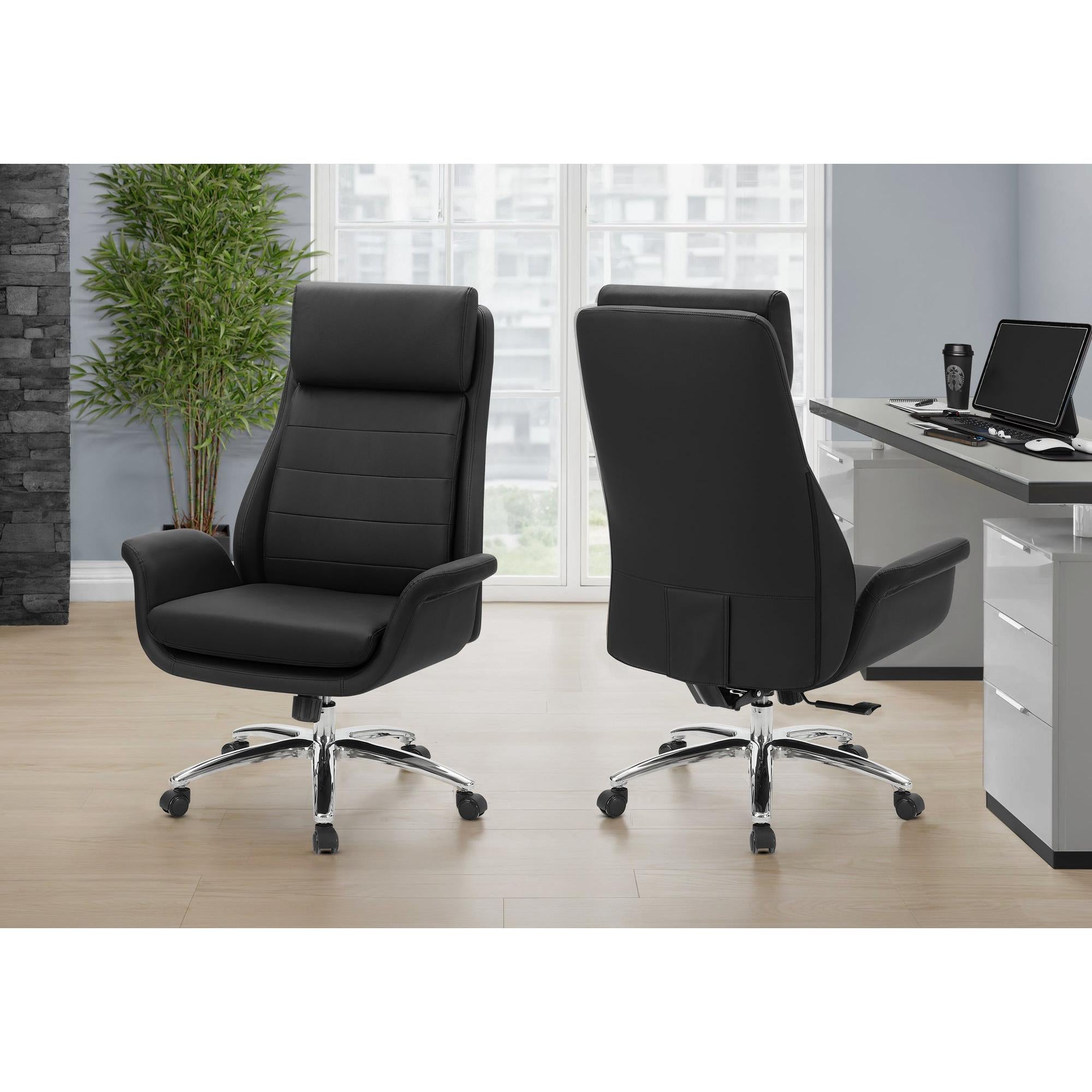 I 7253 - Chaise De Bureau, Hauteur Réglable, Accoudoir, Ergonomique, Pivotant, Bureau Informatique, Travail, Aspect Cuir Noir, Métal Chromé, Contemporain, Moderne - Simple Boutique